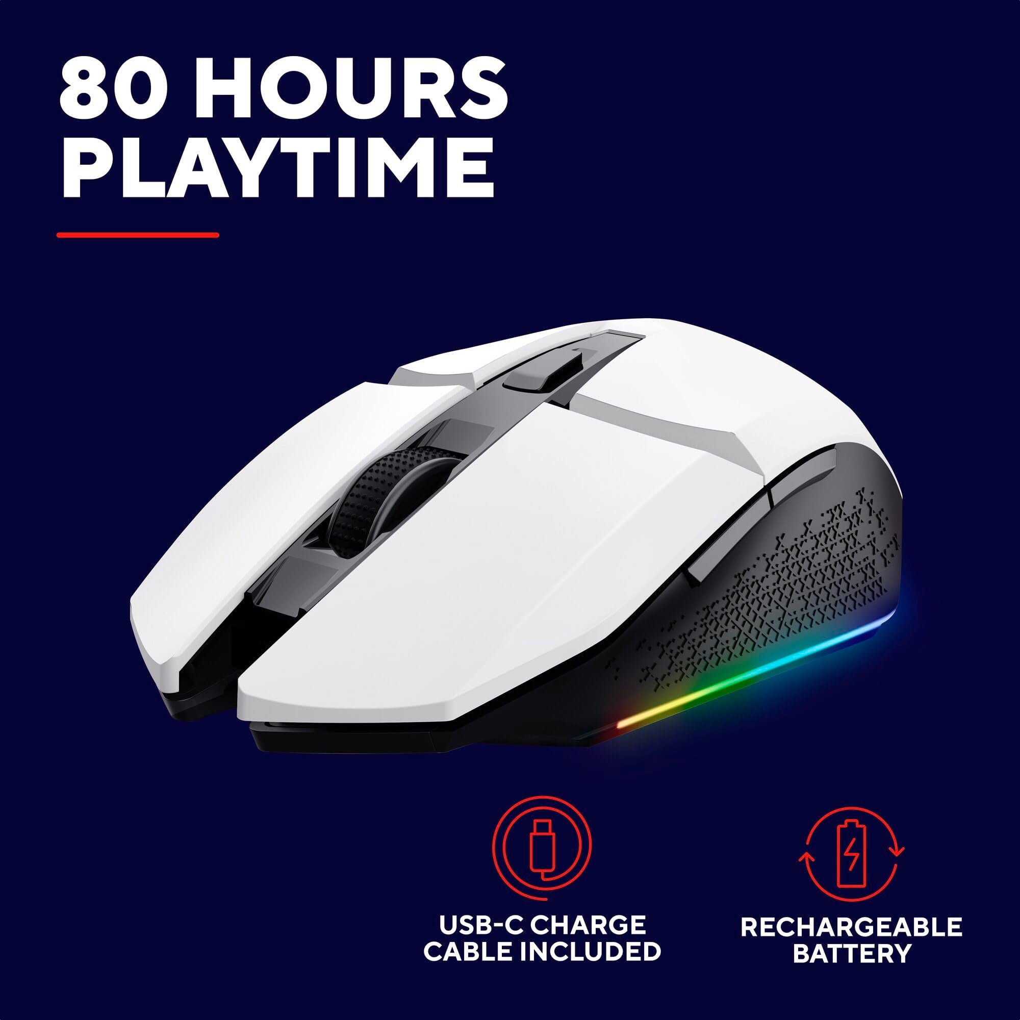 Trust Gaming GXTrust 1108W Vylax Rechargeable Wireless Gaming Mouse – 80h Battery, 800-4800 DPI, RGB Lighting, 6 Buttons, White 12
