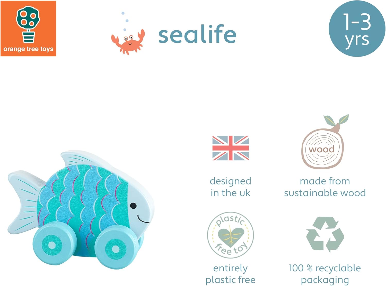 Orange Tree My First Wooden Toy Cars - Fish Push Toy Vehicle for 1 Year Old Toddlers 3