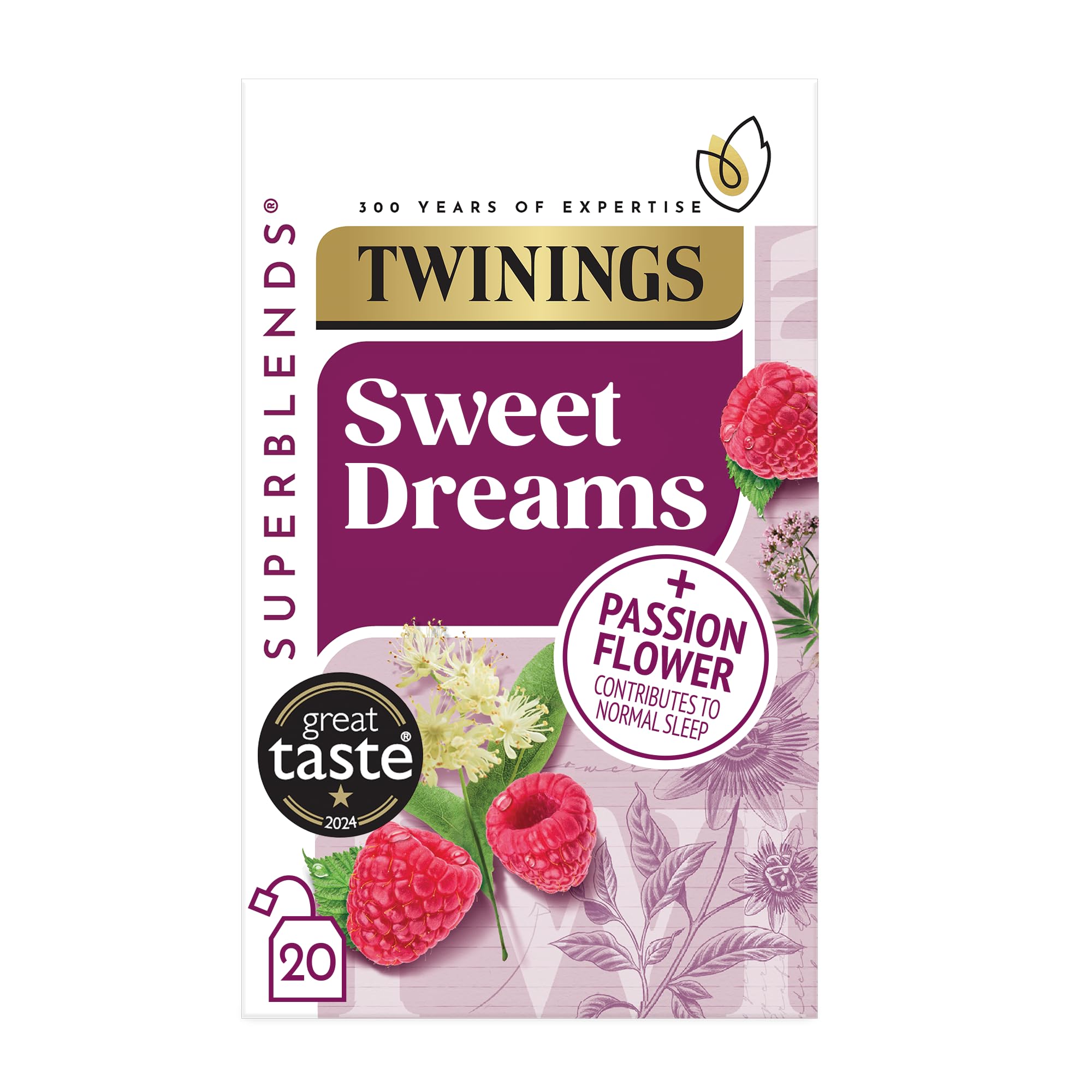 Twinings Superblends Sweet Dreams Herbal Tea - Raspberry, Passionflower & Valerian Root, 20 Biodegradable Tea Bags