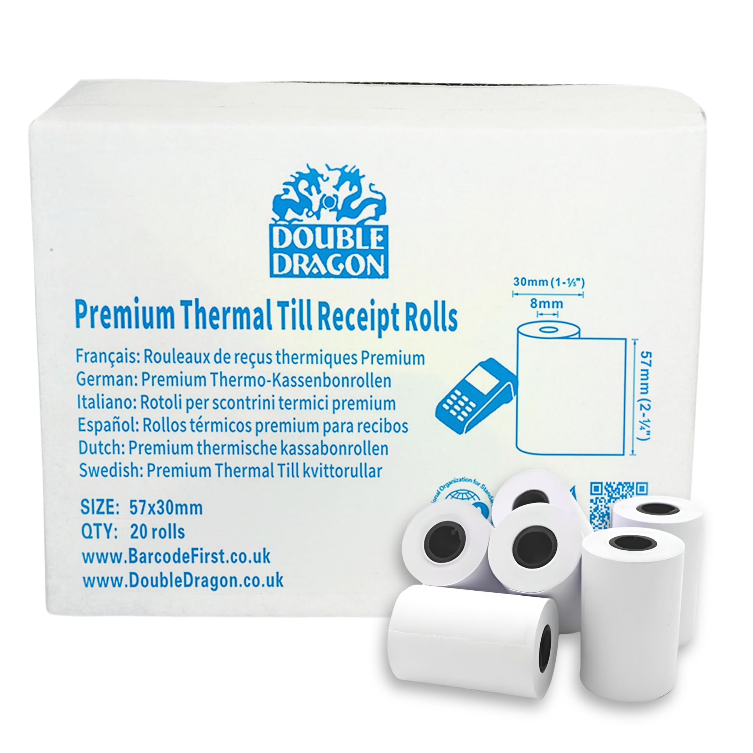 Double Dragon Thermal PDQ Receipt Paper Till Rolls - 57 x 30mm | BPA-Free | Pack of 20