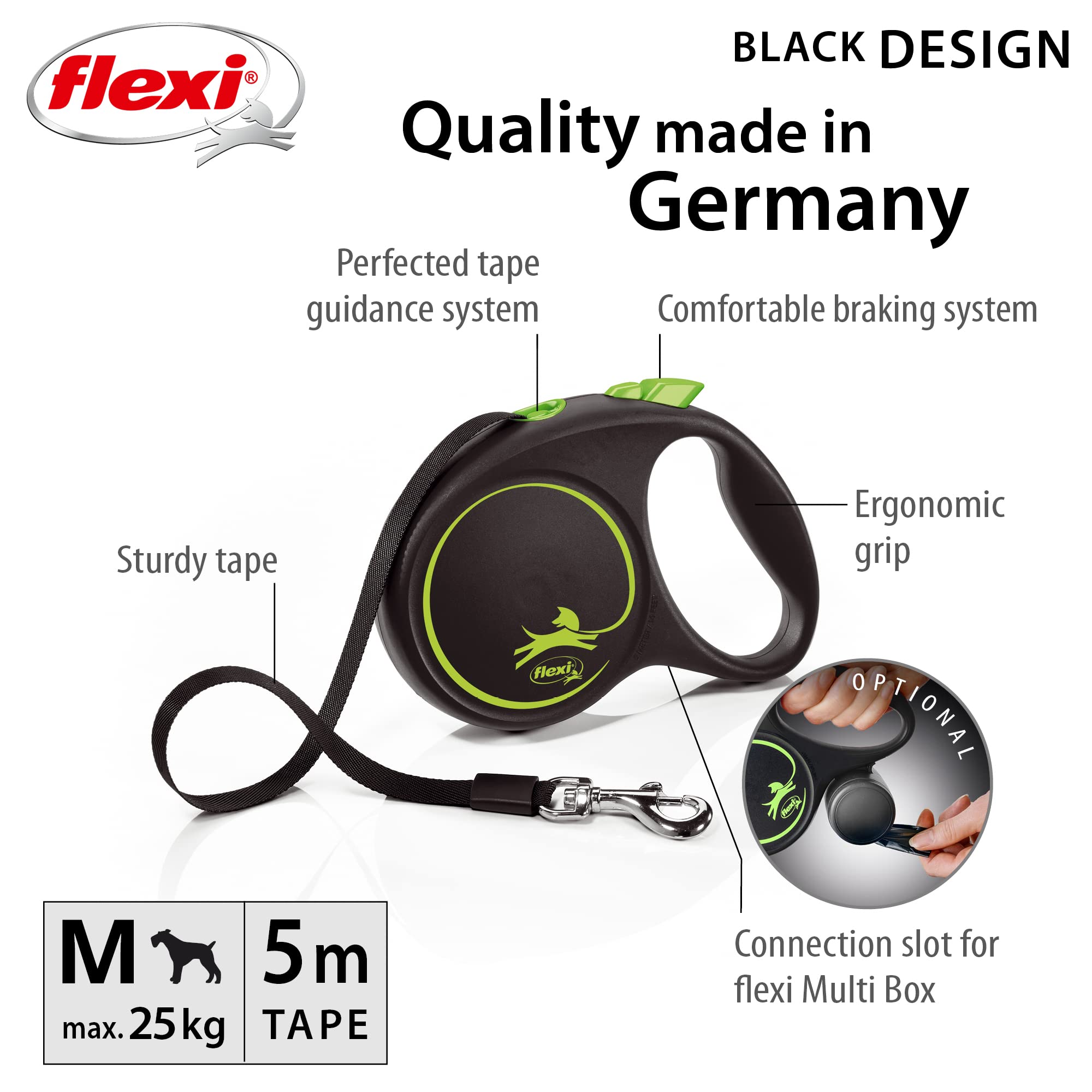 flexi Black Design M Retractable Tape Leash - 5m Length for Dogs up to 25 kg