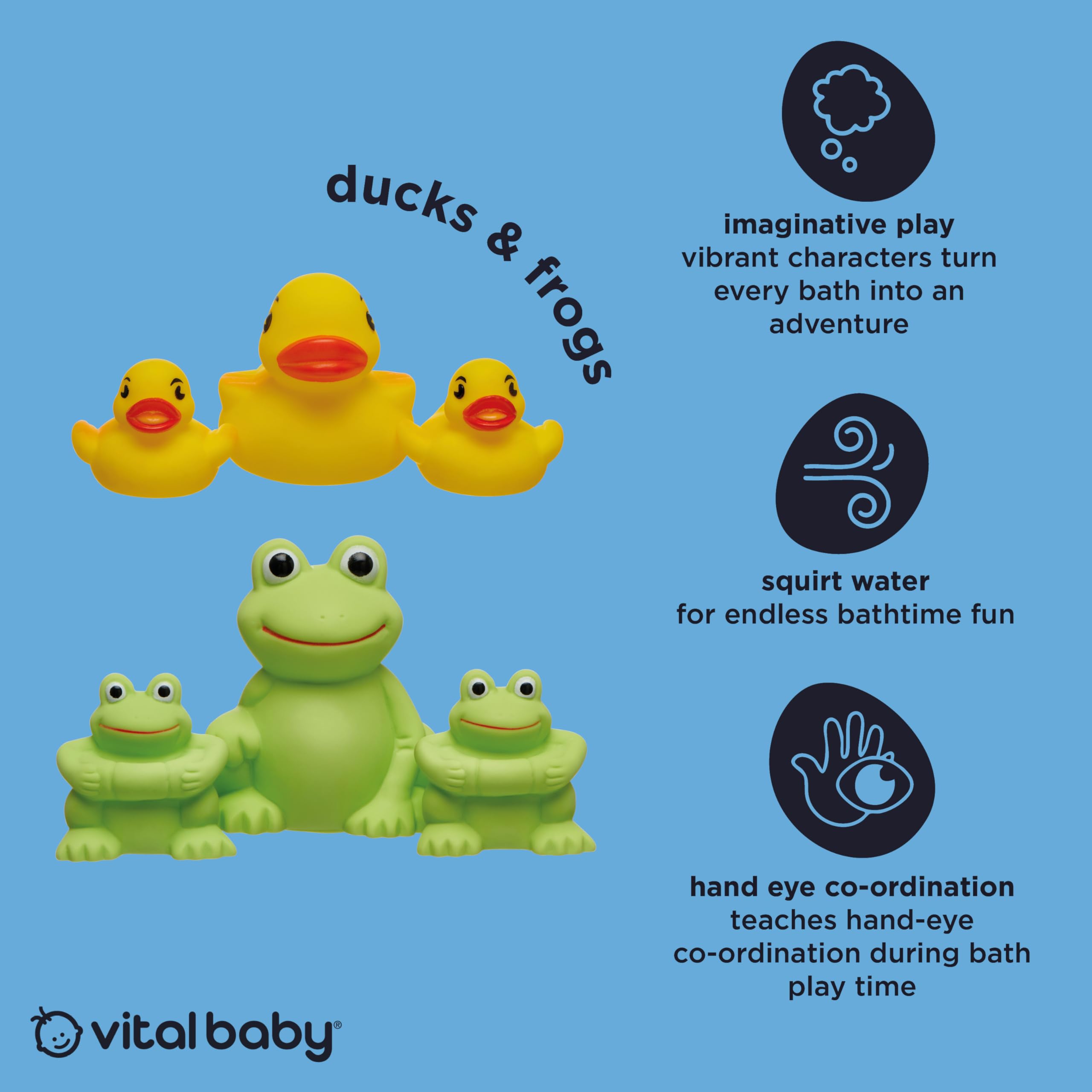 Vital Baby Splash Bath Squirters - 3 Duck & 3 Frog Bath Toys for Imaginative Play 8