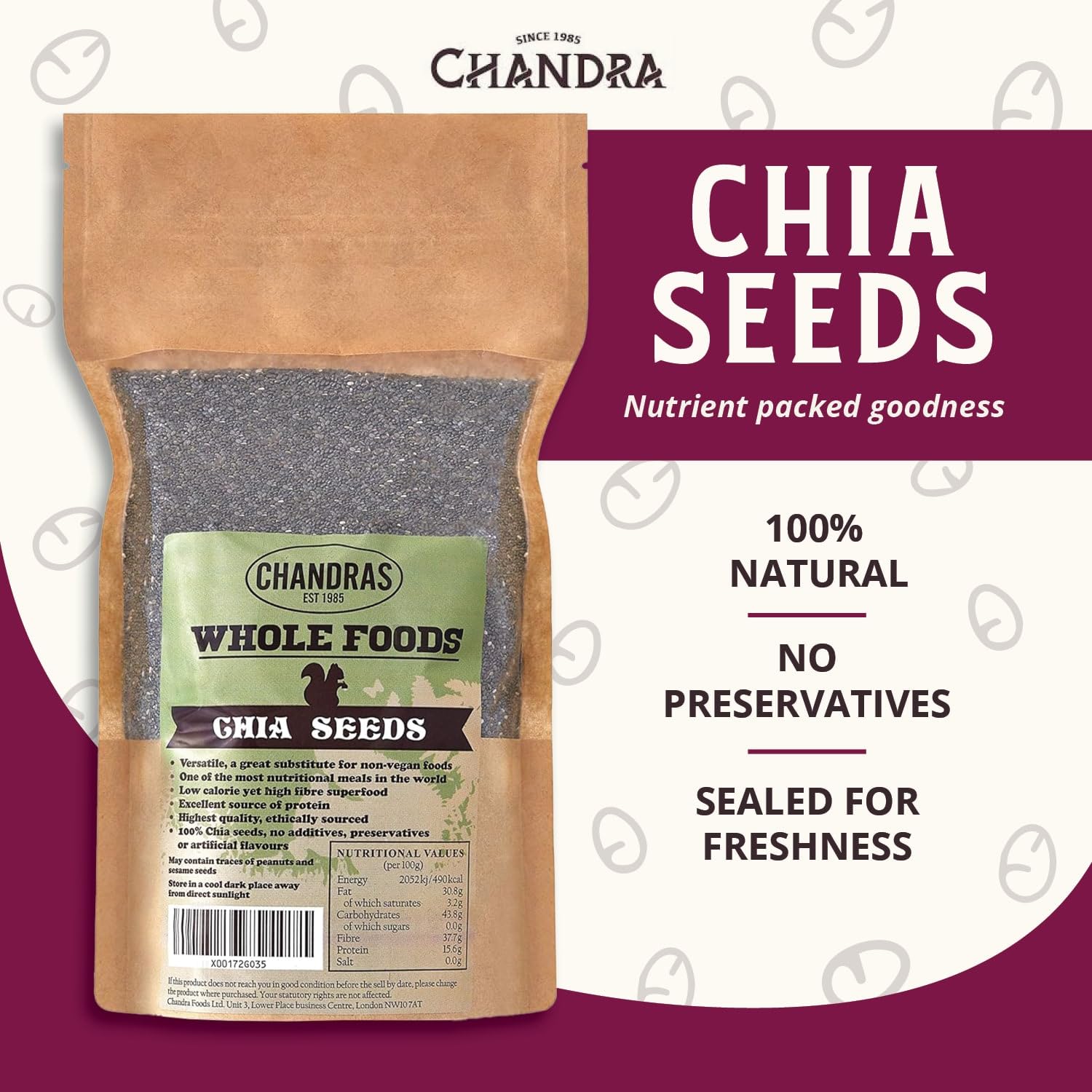 CHANDRA Whole Foods Raw Black Chia Seeds - 1KG Pack | High Fibre, Low-Carb | Resealable Bag