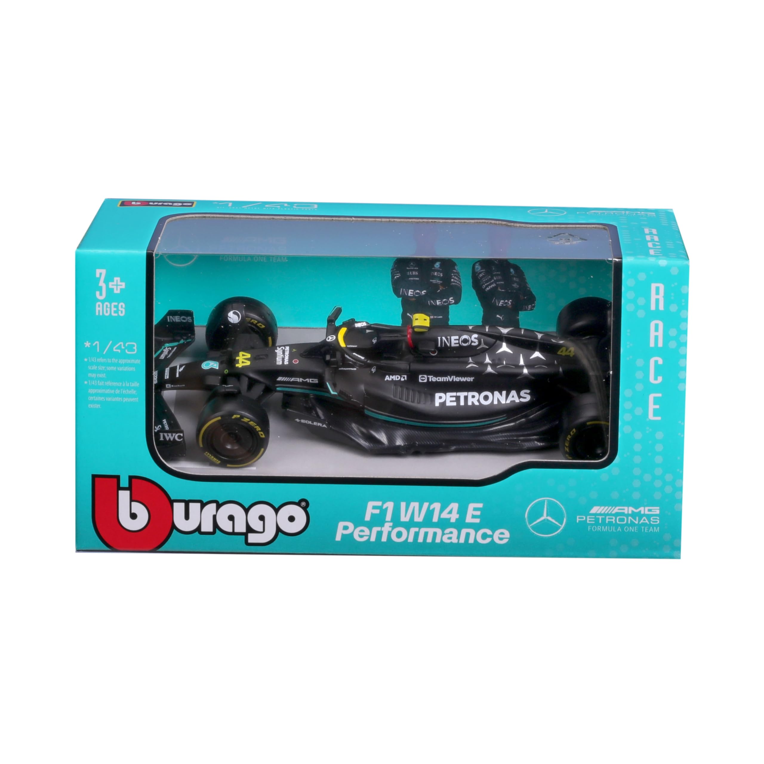 Bburago Formula 1 F1 MB W14 2023 (Hamilton) Race Car - 1:43 Scale - Incredibly Detailed Die-Cast Replica Collectible Model Vehicle, Black