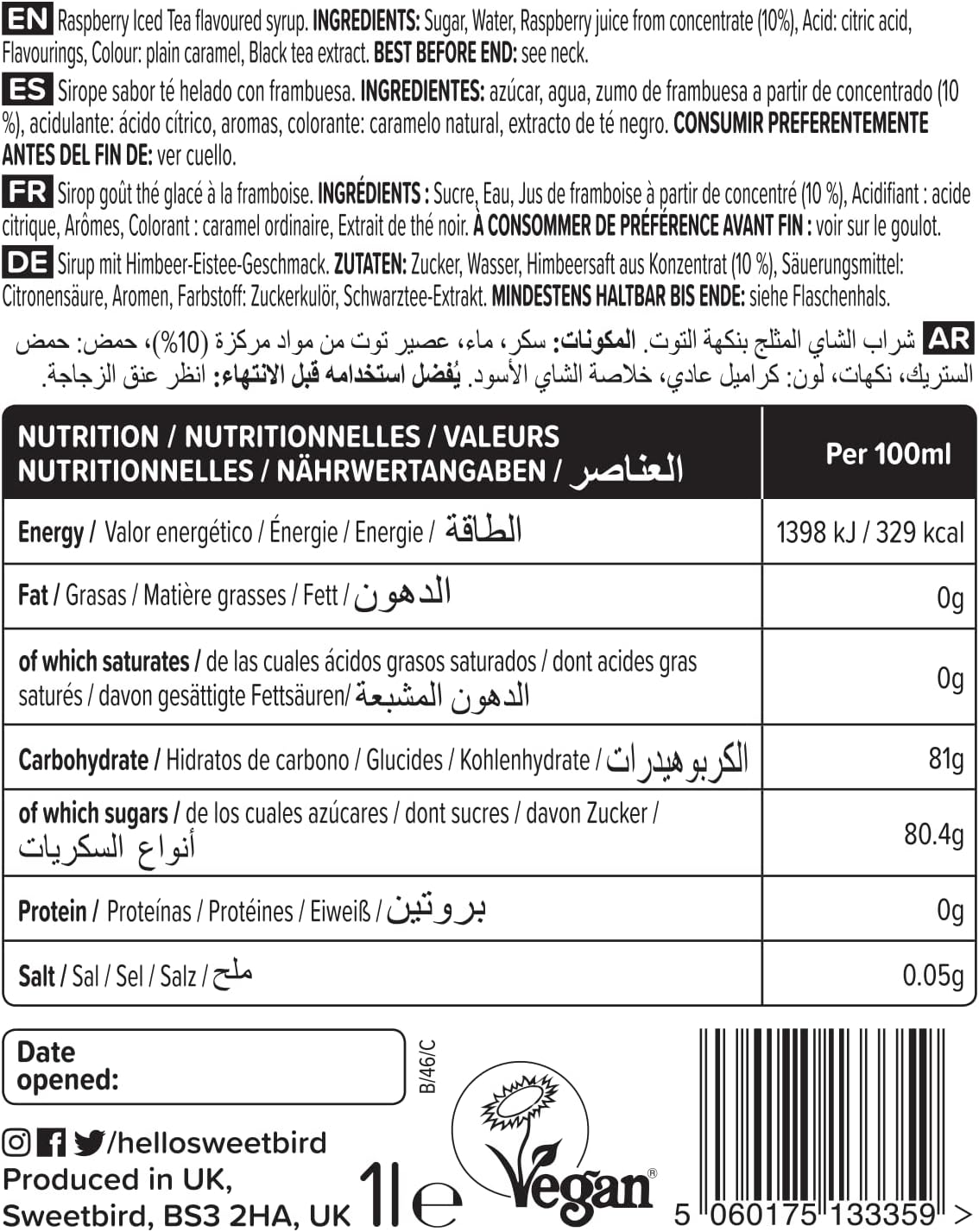 Sweetbird Raspberry Iced Tea Syrup (1 Litre) - Vegan Friendly 7