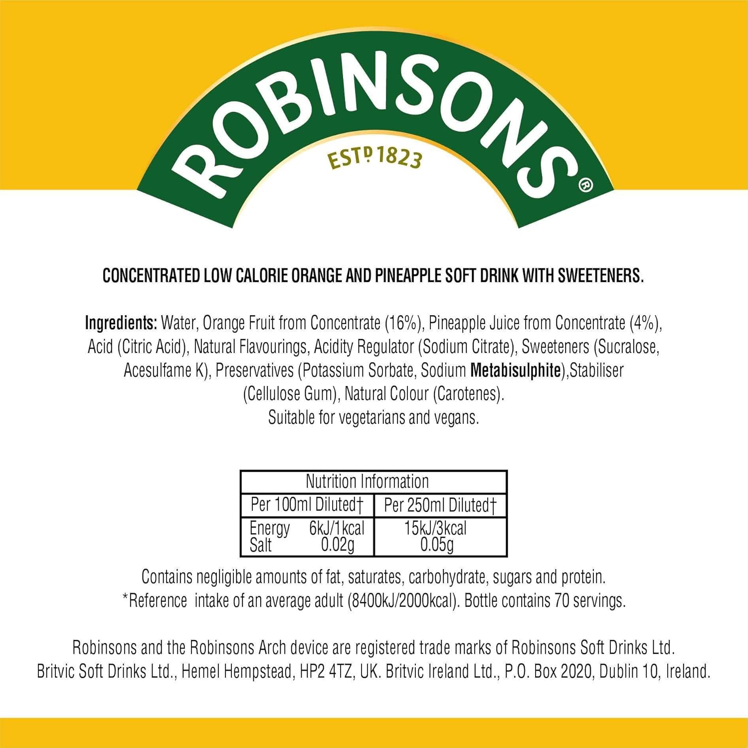 Robinsons Double Strength Orange & Pineapple No Added Sugar Fruit Squash 1.75L 7