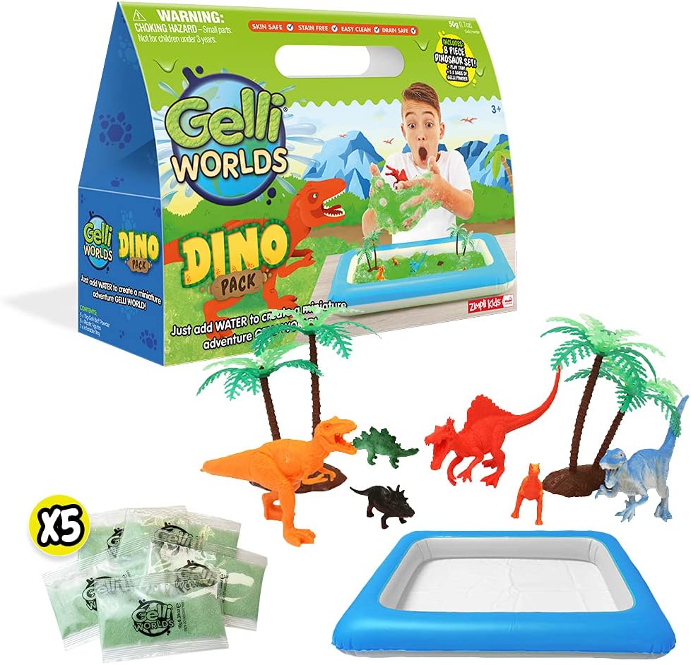 Zimpli Kids Gelli Worlds Dino Pack - 8pc Dinosaur Figures & 5-Use Sensory Play Set