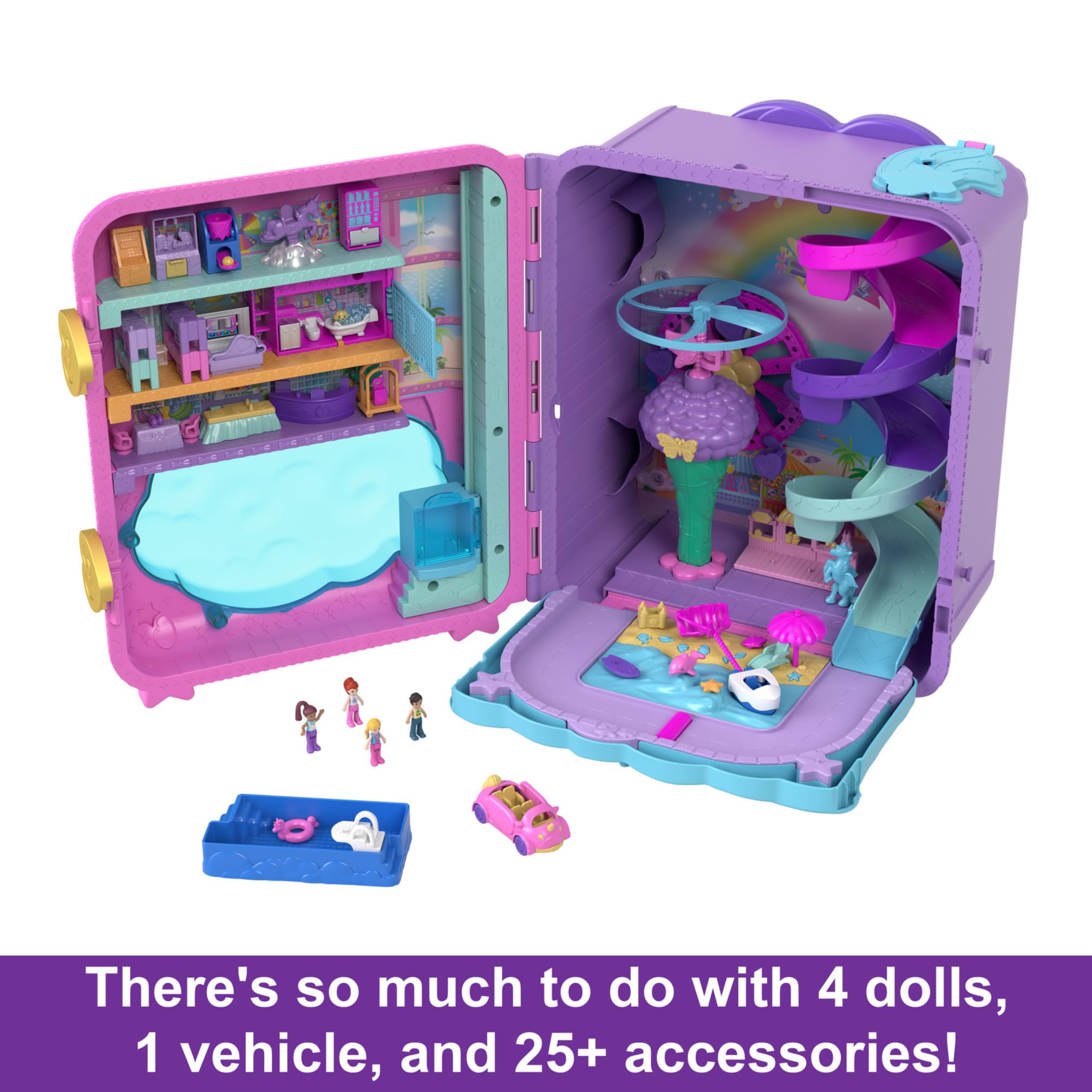 Polly Pocket Pollyville Resort Roll Away Playset - 4 Dolls, 1 Vehicle, 25+ Accessories, Ages 4-10 10