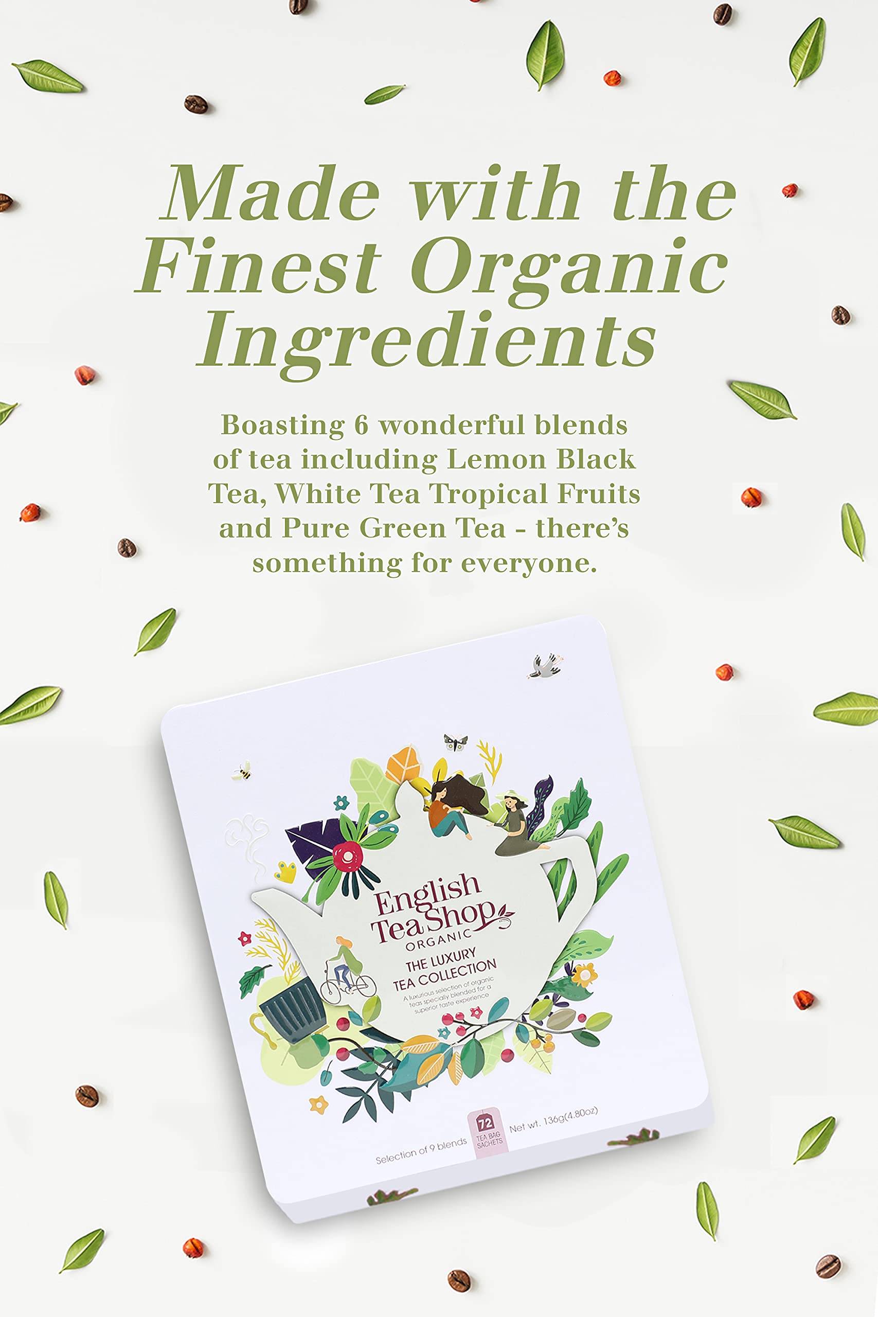 English Tea Shop Organic Luxury Gift Tin - 72 Tea Bags, 6 Varieties, Compostable Packaging