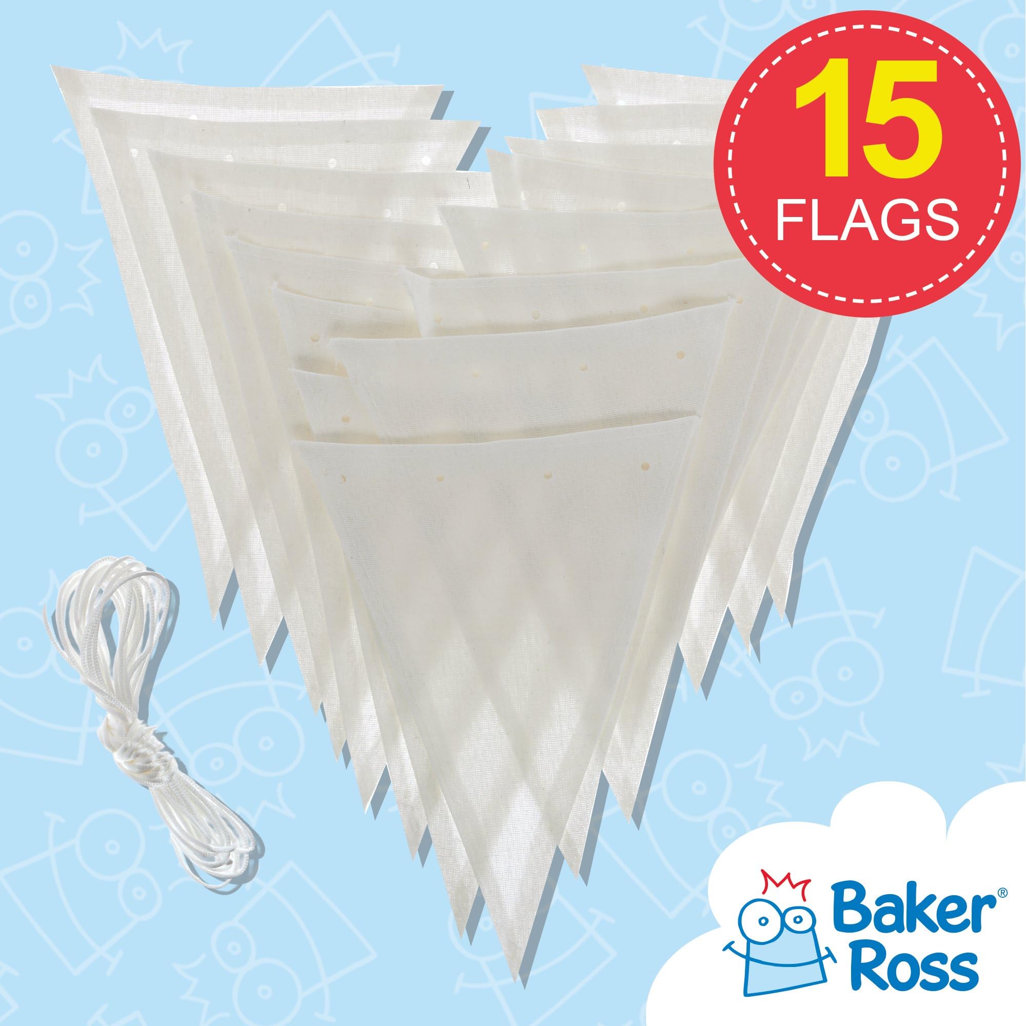 Baker Ross Design Your Own Fabric Bunting - 8m Cord, Pack of 15 Flags