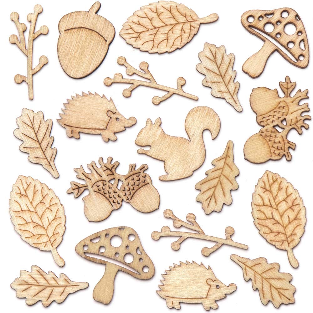 Baker Ross AR938 Autumn Mini Wooden Shapes Craft Kit - 45-Piece Set for Kids