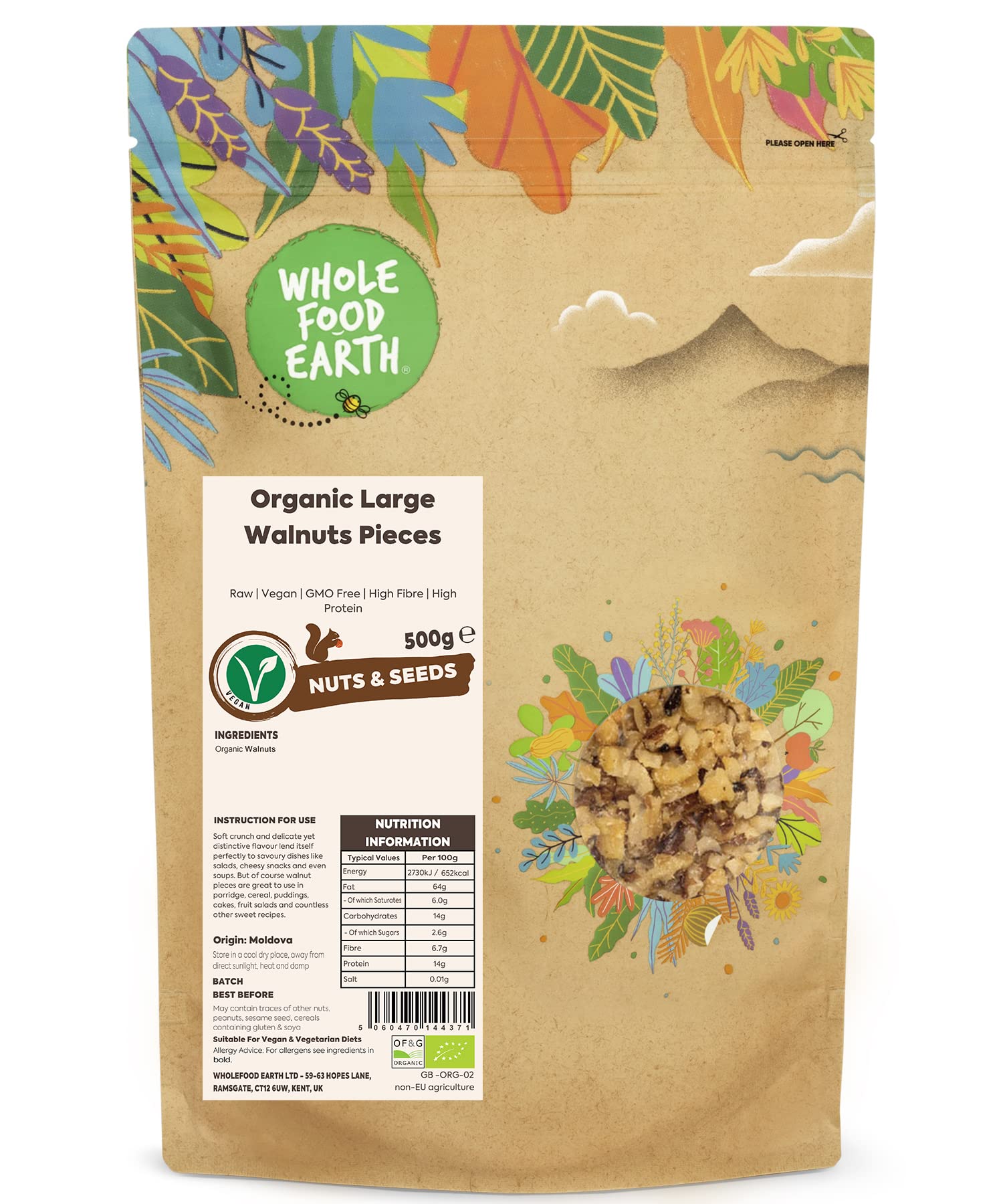 Wholefood Earth Organic Large Walnut Pieces 500g | Raw | Vegan | GMO Free