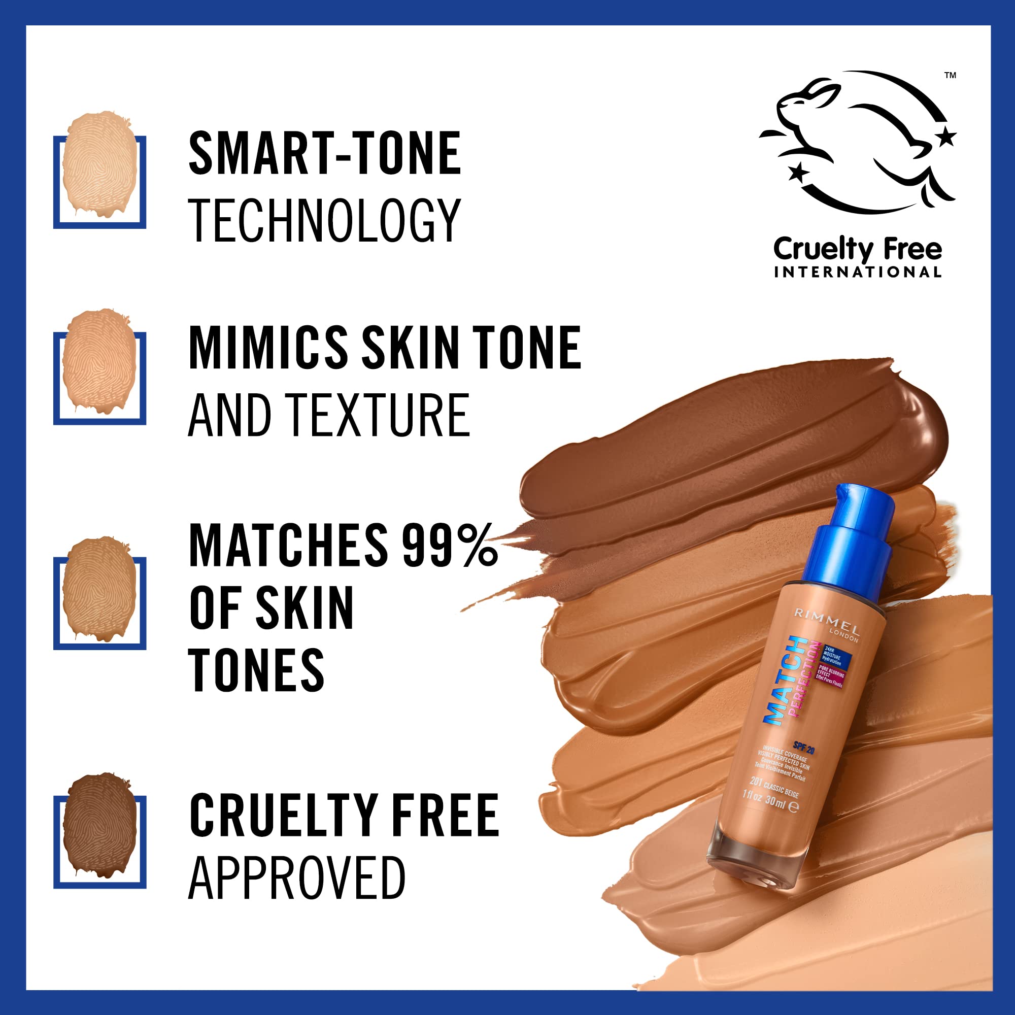 Rimmel Match Perfection Foundation - True Beige 203, Medium Coverage, 24hr Hydration, SPF20, Cruelty-Free