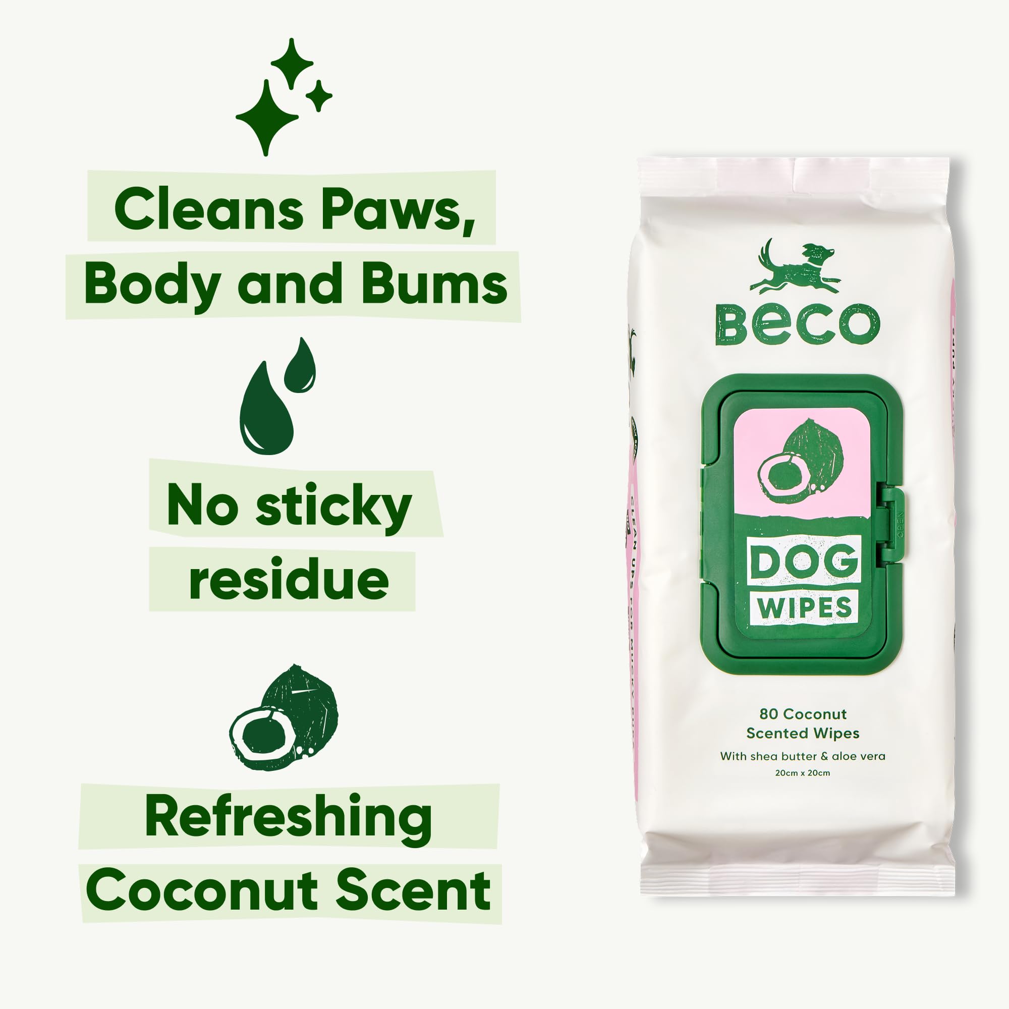 Beco Dog Wipes - Coconut Scented, Hypoallergenic, 80 Count Pack 2