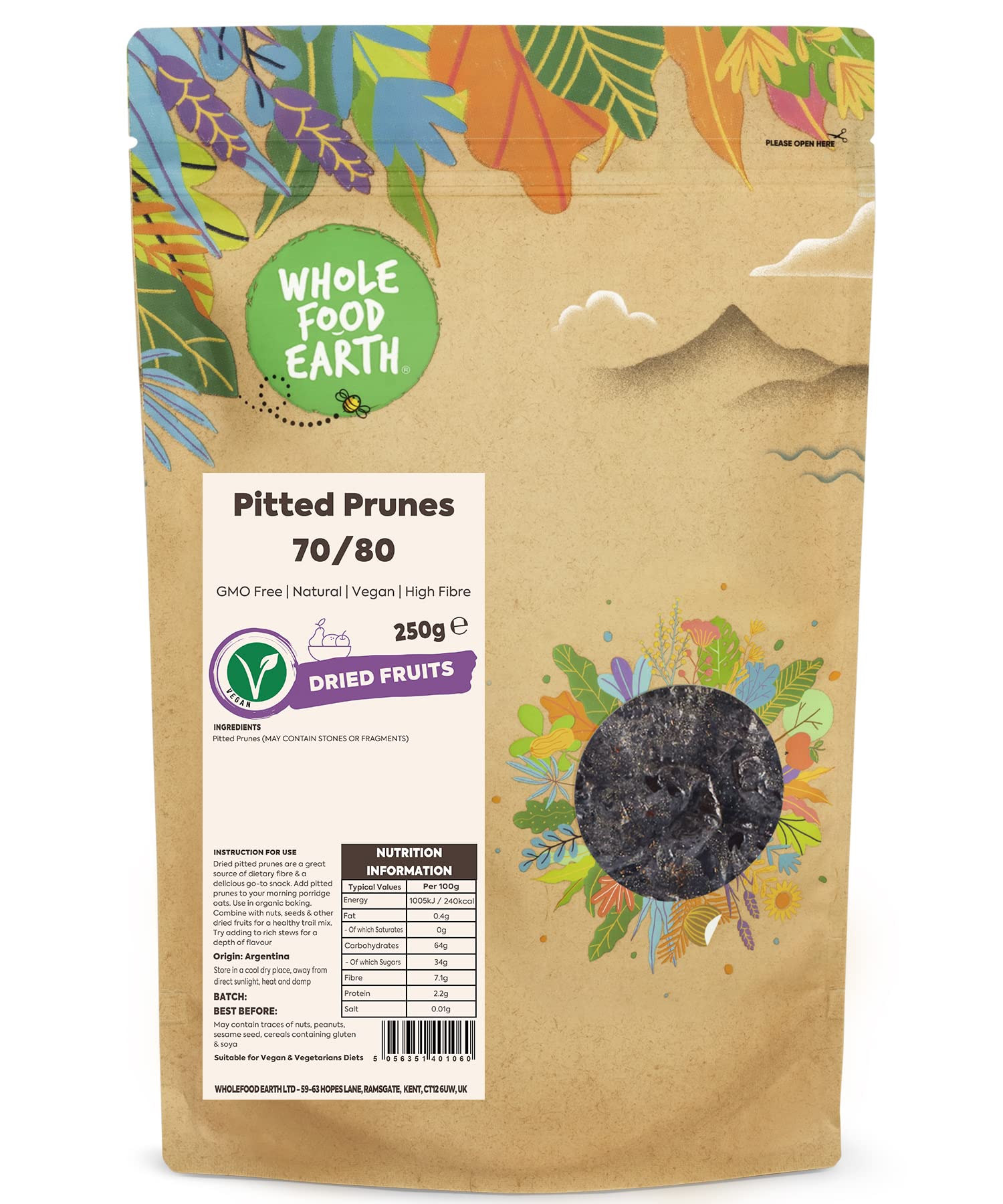 Wholefood Earth Pitted Prunes 70/80 - 250g | GMO Free | Natural | High Fibre
