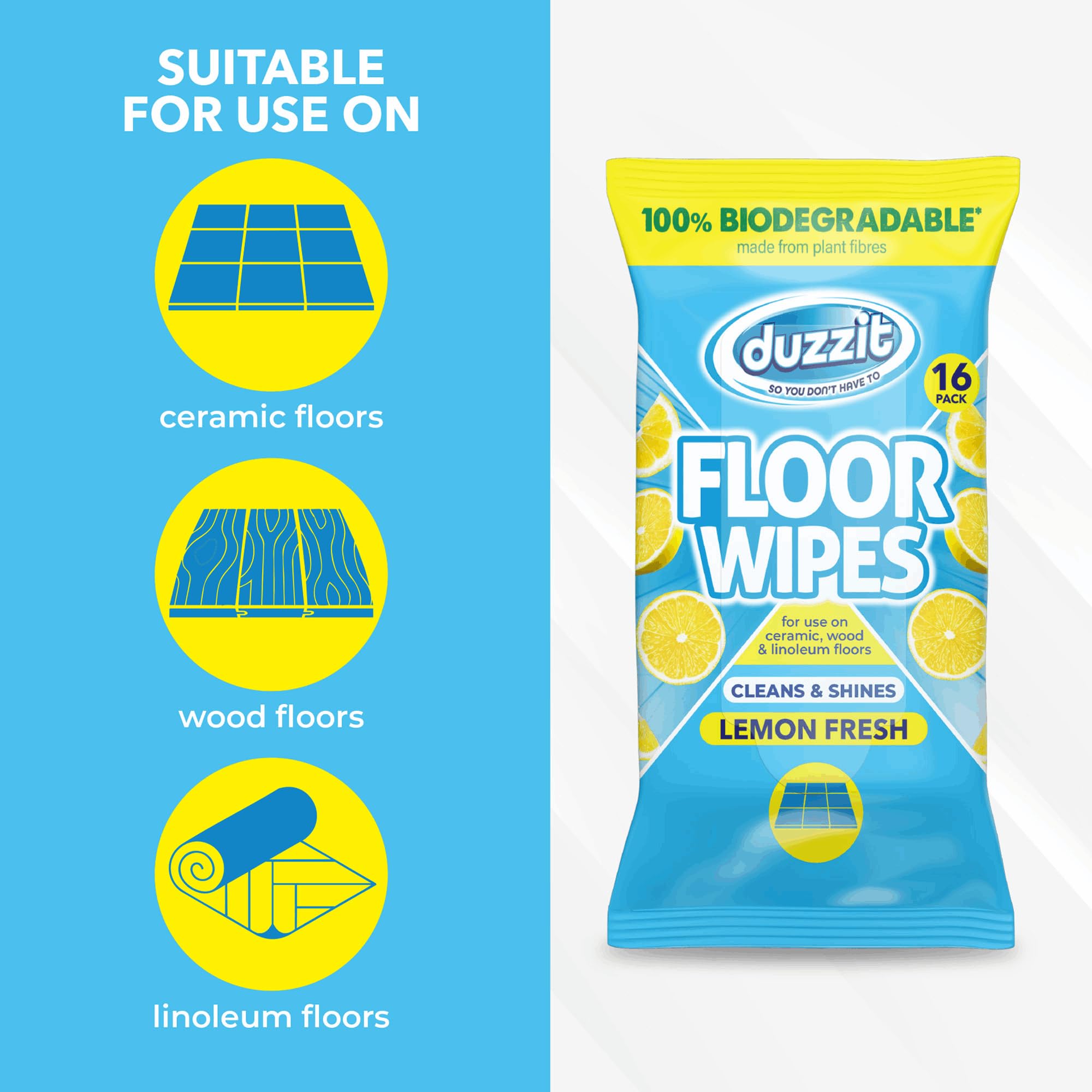 Duzzit Floor Wipes - 16 Count Biodegradable Plant Fibre Wipes for All Floors 2