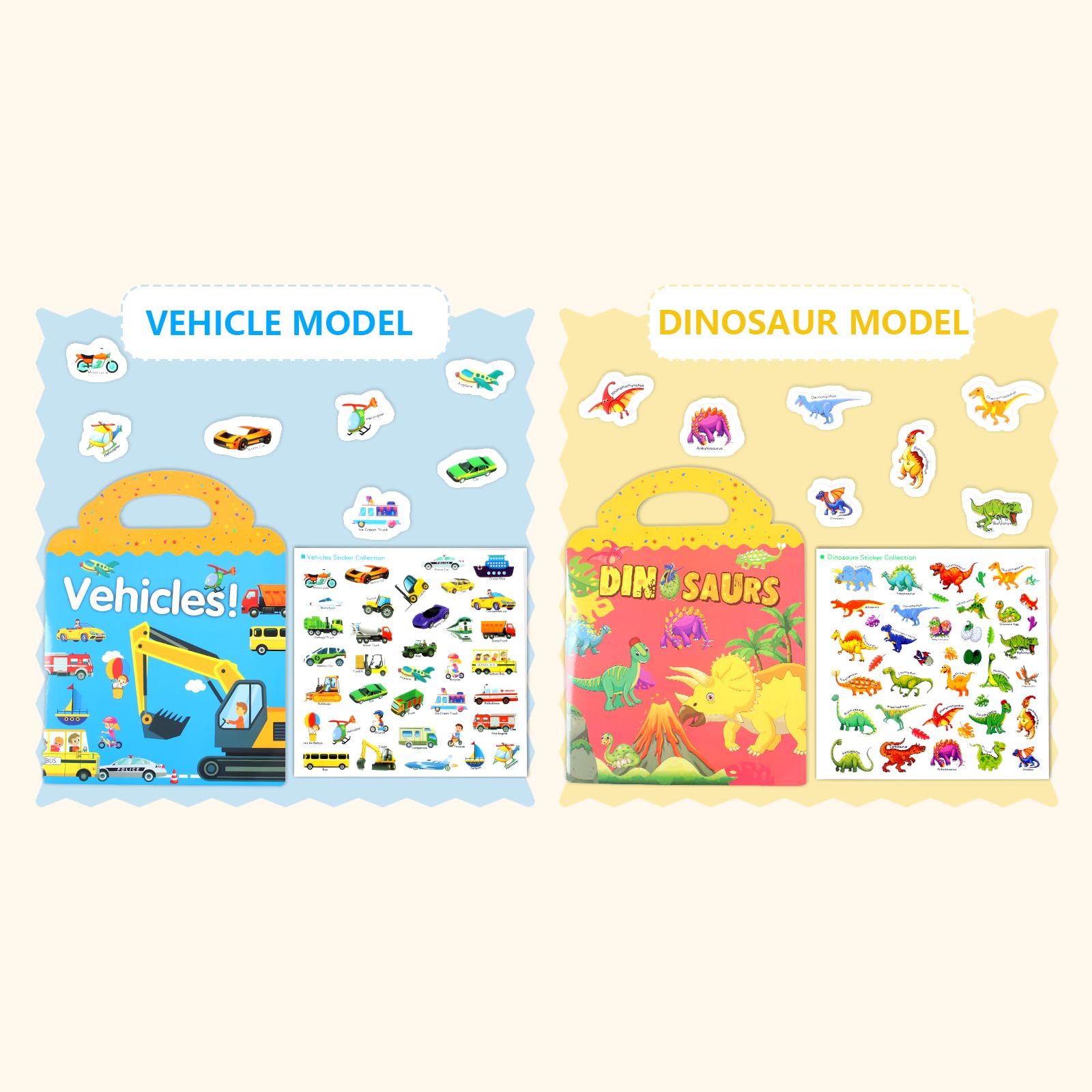 MOXYOY 2 Pack Reusable Sticker Books for Kids - Dinosaur & Vehicle Themes, Educational DIY Toys for Ages 3+ 4