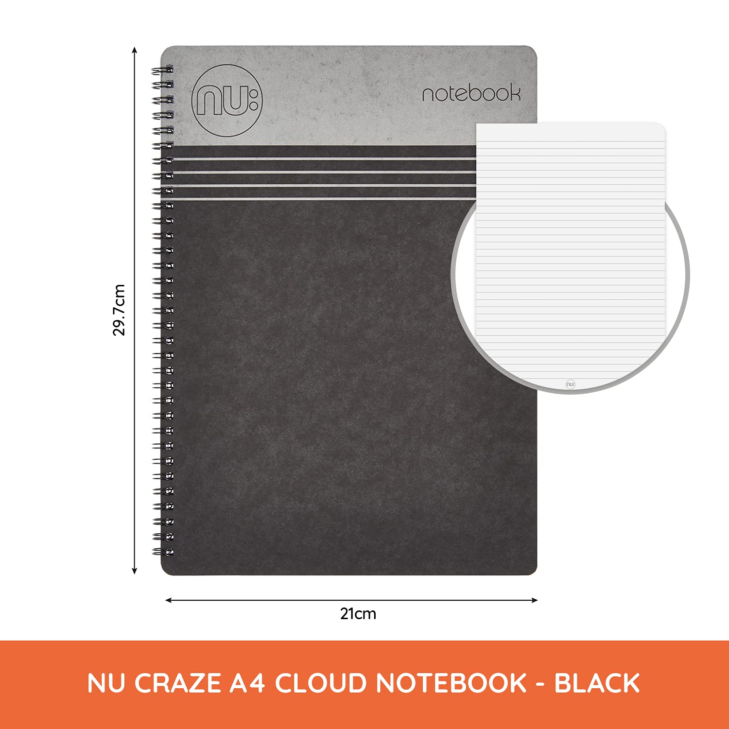 nu: A4 Wirebound Notebook - Black Soft Cover | 110 Ruled Pages | 80gsm FSC Paper