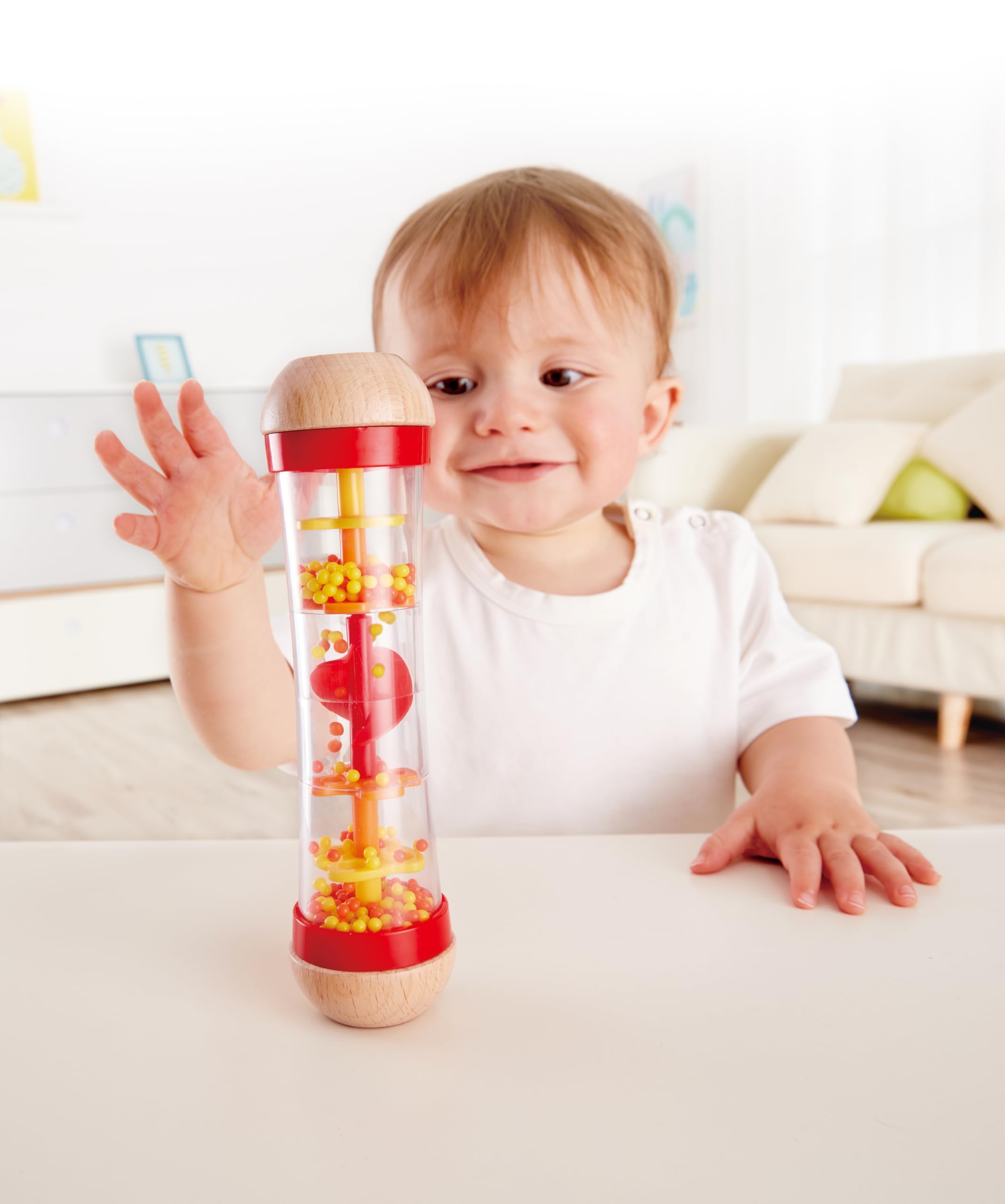 Hape Beaded Raindrops | Mini Wooden Musical Shake & Rattle Rainmaker Toy, Red 7