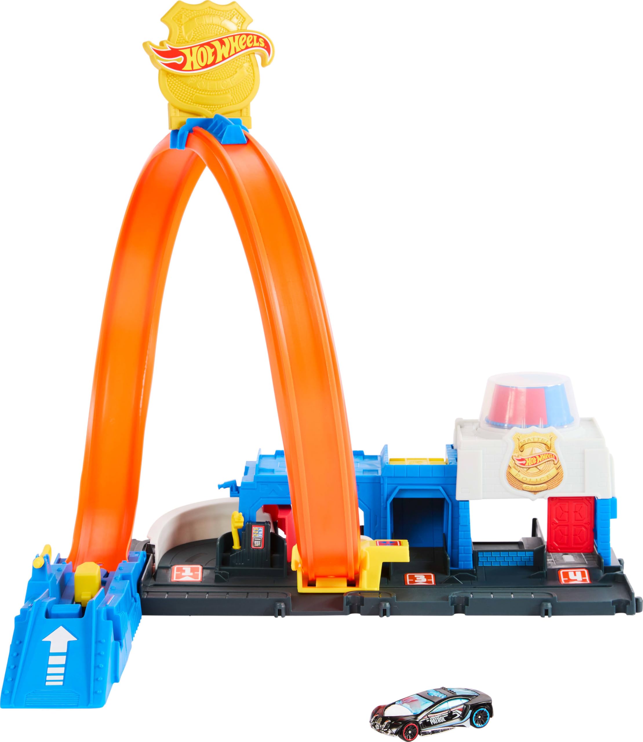 Hot Wheels Super Police Station Playset - 1:64 Scale Track Set with 4-Lane Stunt Racing for Kids