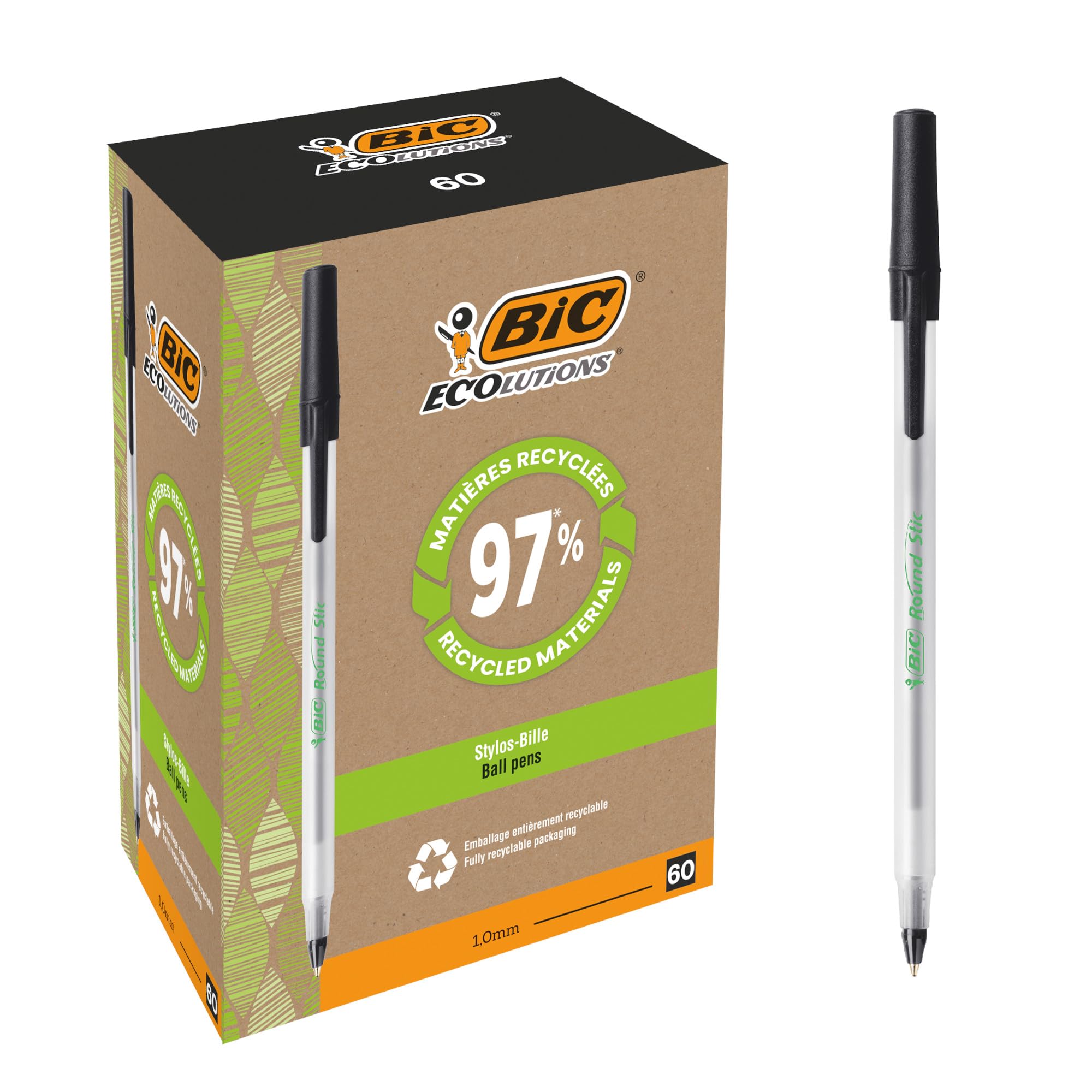 BIC Round Stic ECOlutions Ballpoint Pens - 60 Count Box - Black Ink, Medium 1.0mm Point