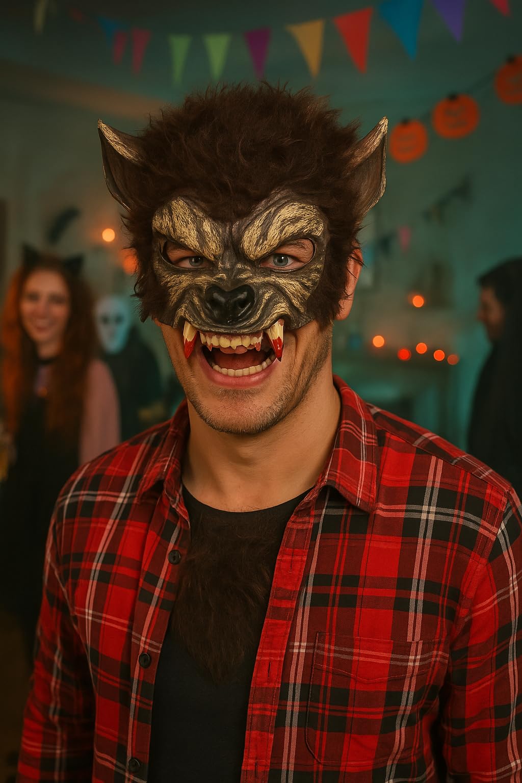 Smiffys Werewolf Half Face Mask - Brown Latex with Fur & Teeth 5