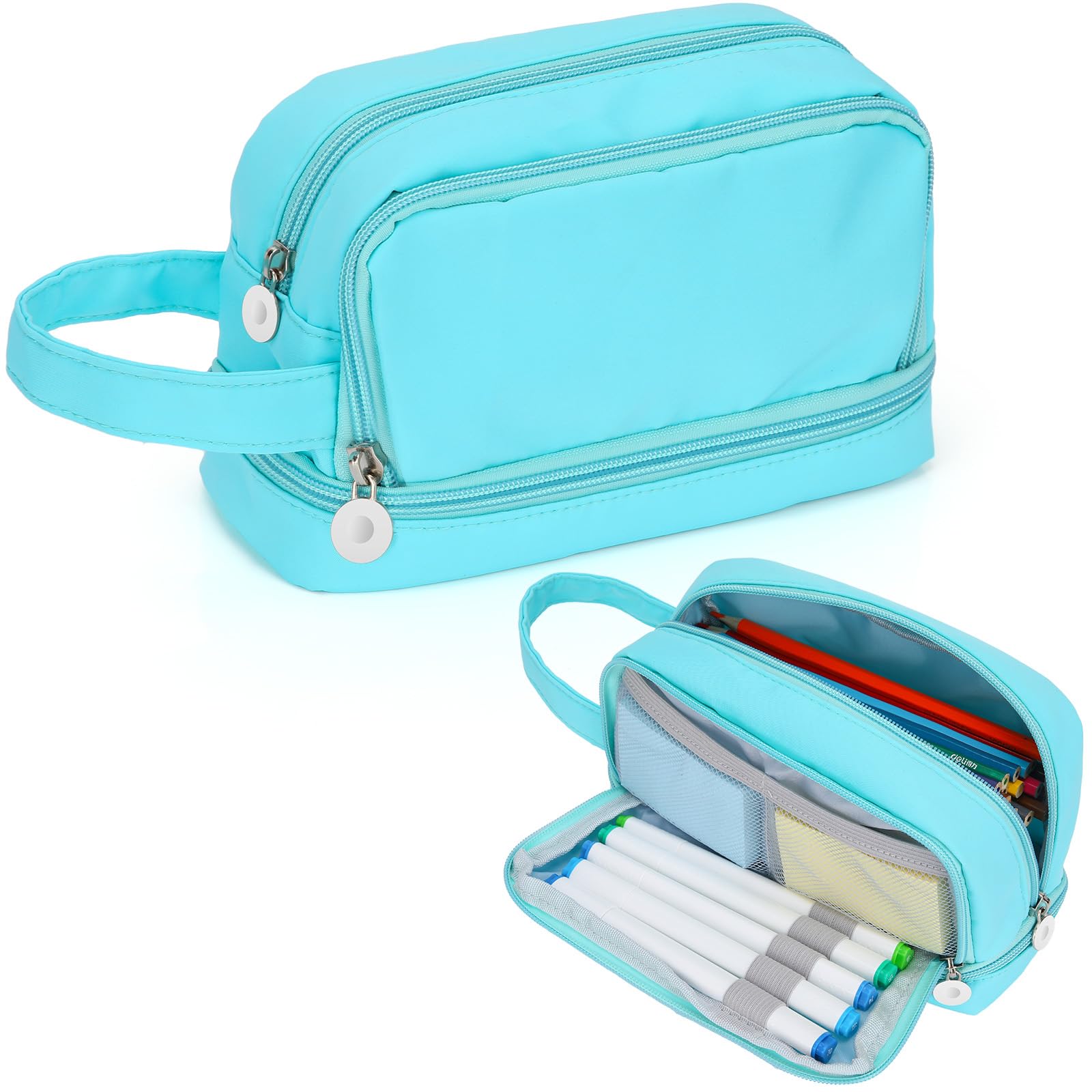 Alyvisun Large Capacity Pencil Case - 3 Compartments, Blue Canvas, Zipper Closure | Handle Strap 1