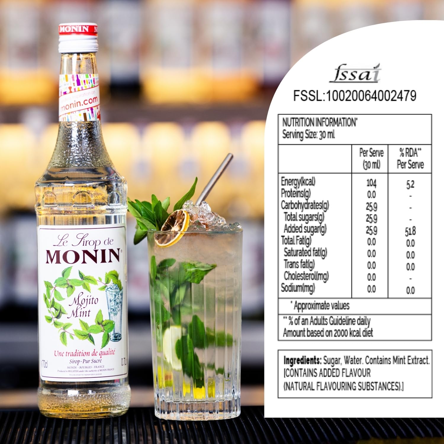 MONIN Mojito Mint Syrup 700ml - Natural Flavouring, Vegan, Halal, Kosher - for Cocktails, Mocktails, Lemonades 6