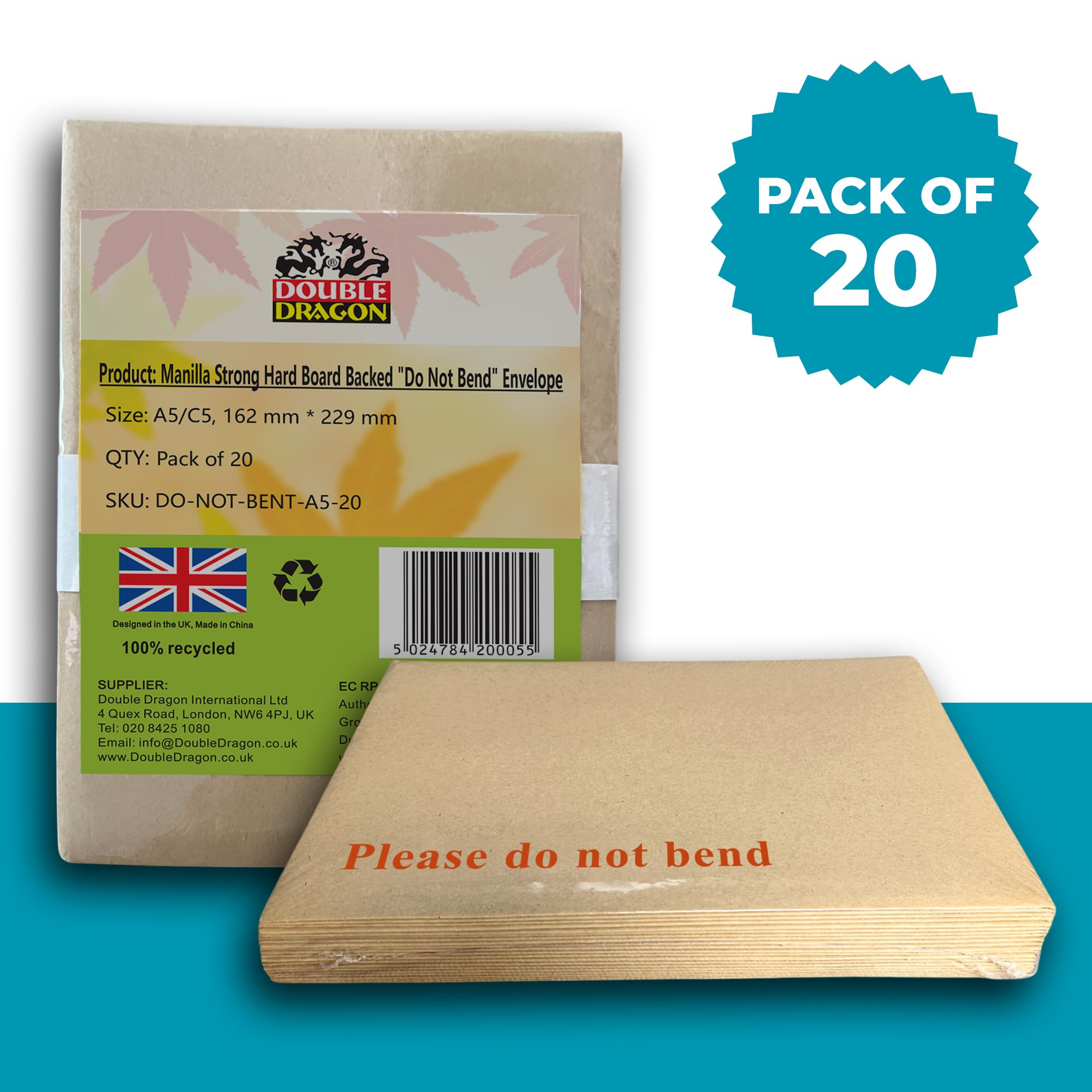 Double Dragon A5 Hard Board Backed Envelopes - 20 Pack | 229mm x 162mm | Self-Seal 4
