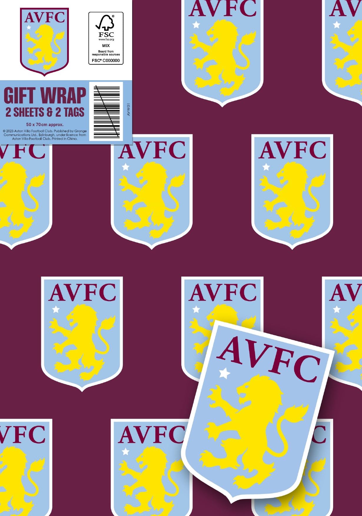 Danilo Promotions LTD Aston Villa FC Wrapping Paper - 2 Sheets (70x50cm) | Burgandy Football Theme