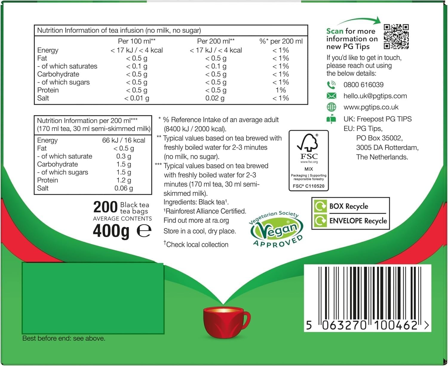 PG Tips - Original Black Tea Bags Bulk, Individually Wrapped, Plant-Based Biodegradable, 200 Envelopes 8