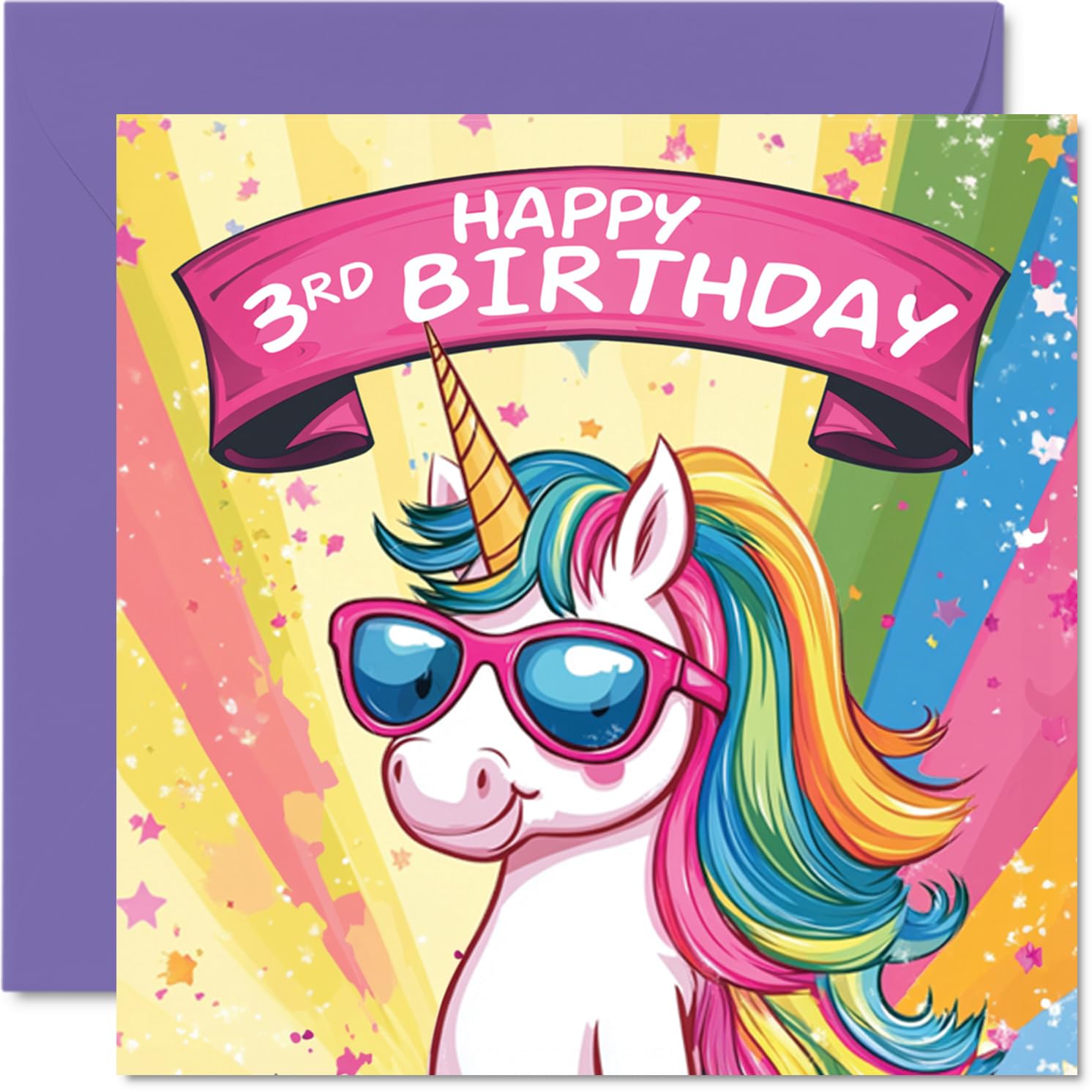 Stuff4 Girls 3rd Birthday Card - Cool Unicorn Sunglasses Design | 145mm Square | 300gsm