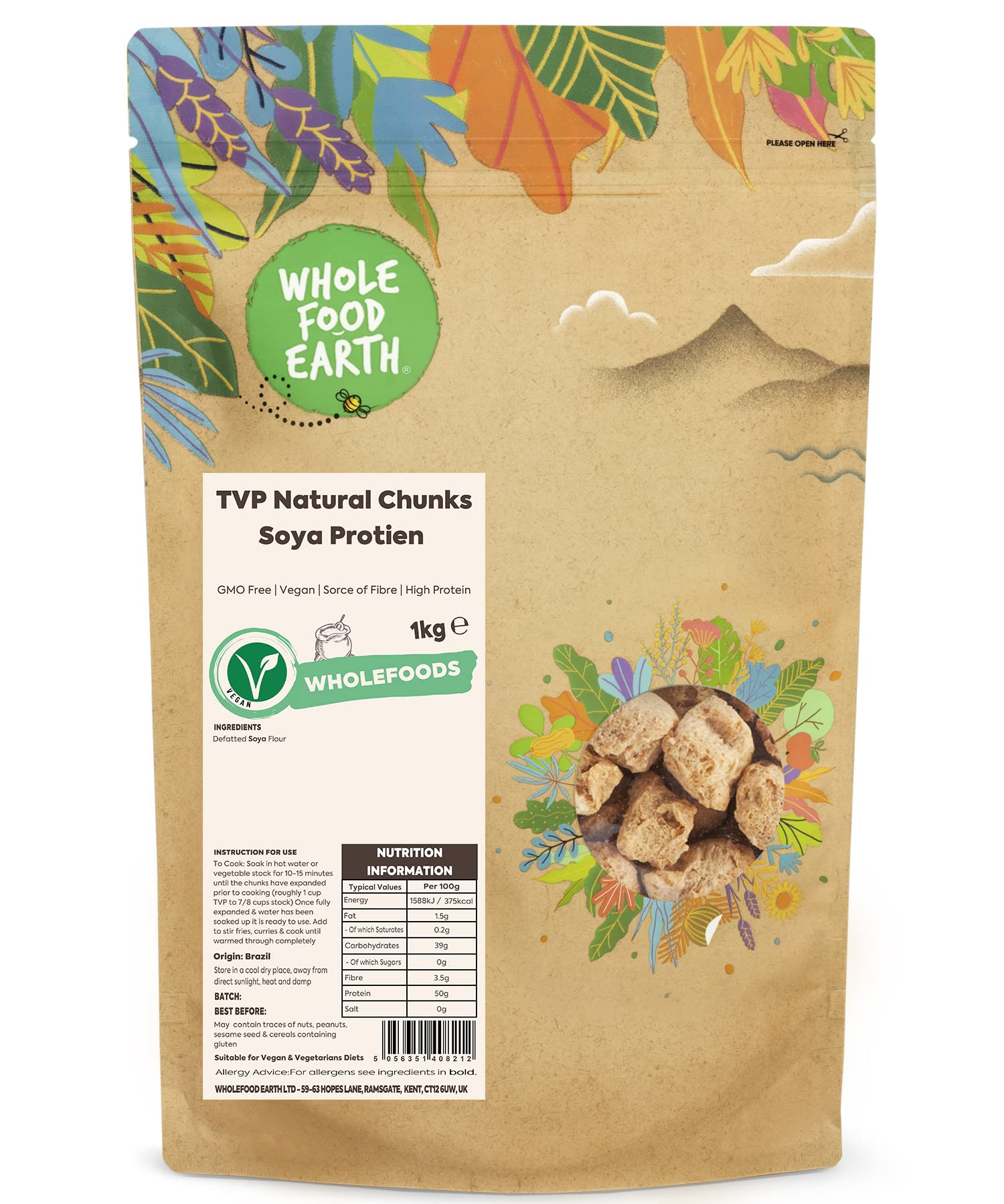 Wholefood Earth TVP Natural Chunks Soya Protein 1 kg | GMO-Free | High Protein | Source of Fibre | Vegan
