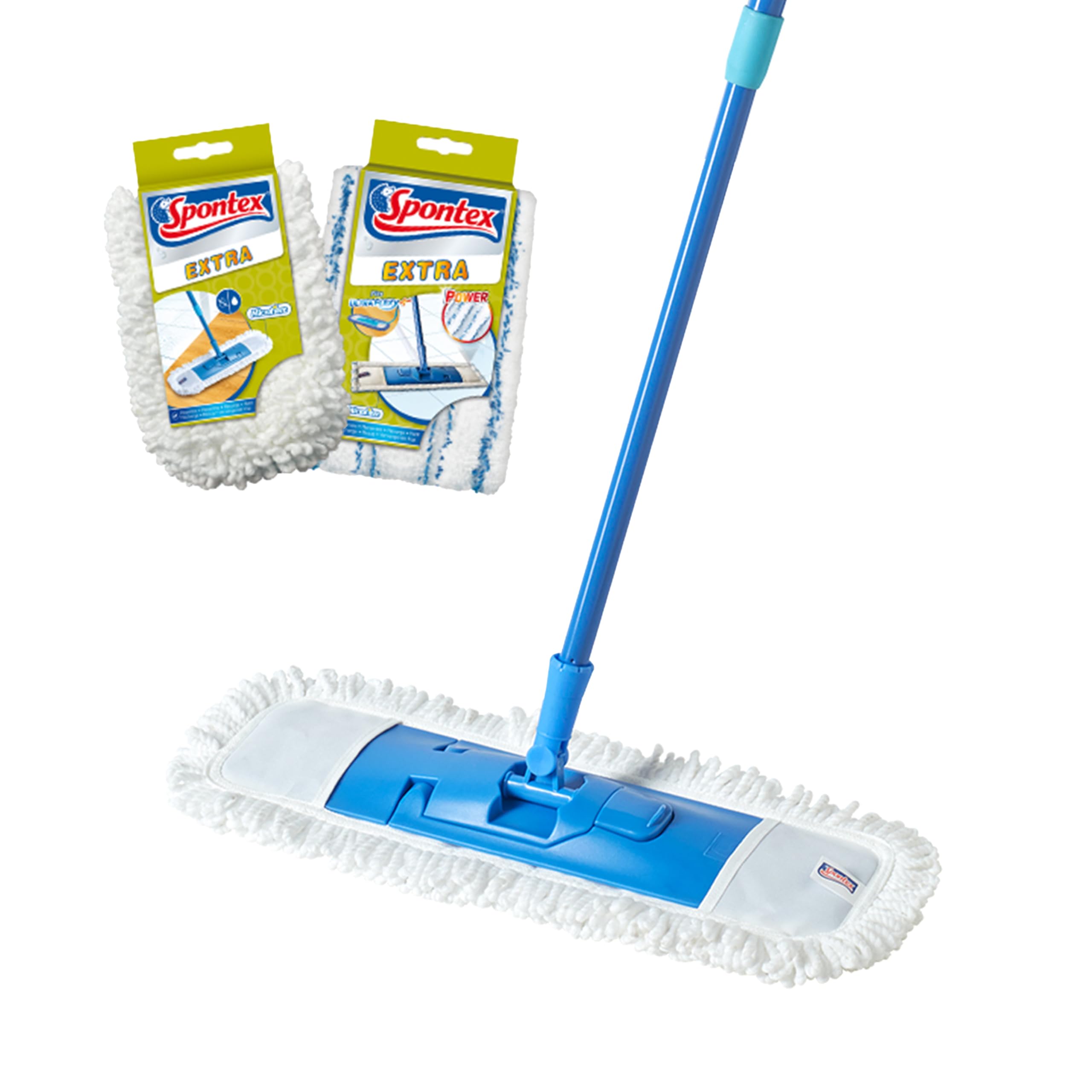 Spontex Extra Flat Mop with 2 Microfibre Heads | Wet & Dry Use | 360° Rotating Head | Adjustable Handle