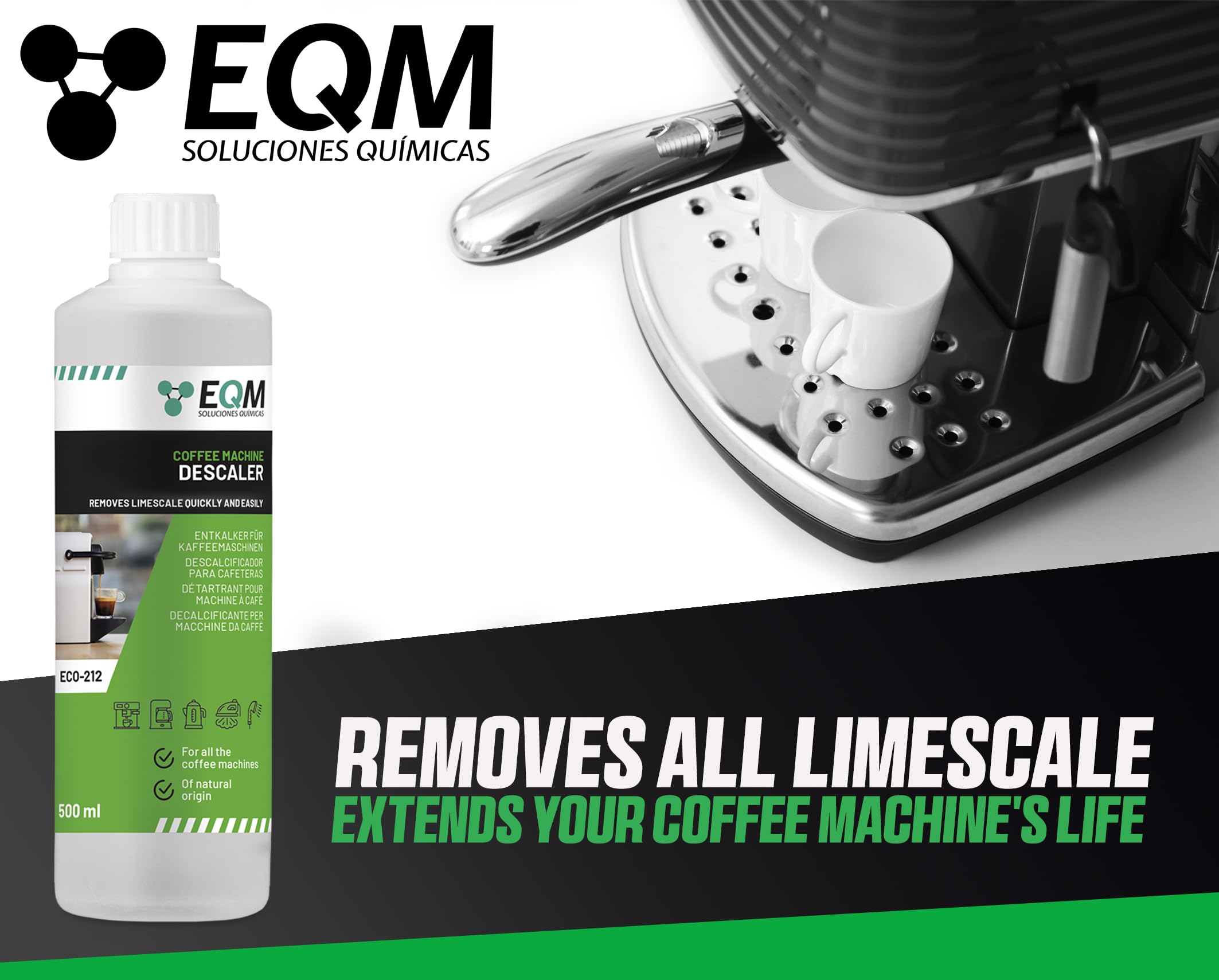 EQM ECO-212 Coffee Machine Descaler - 500 ml - 100% Natural Origin with Citric Acid 7