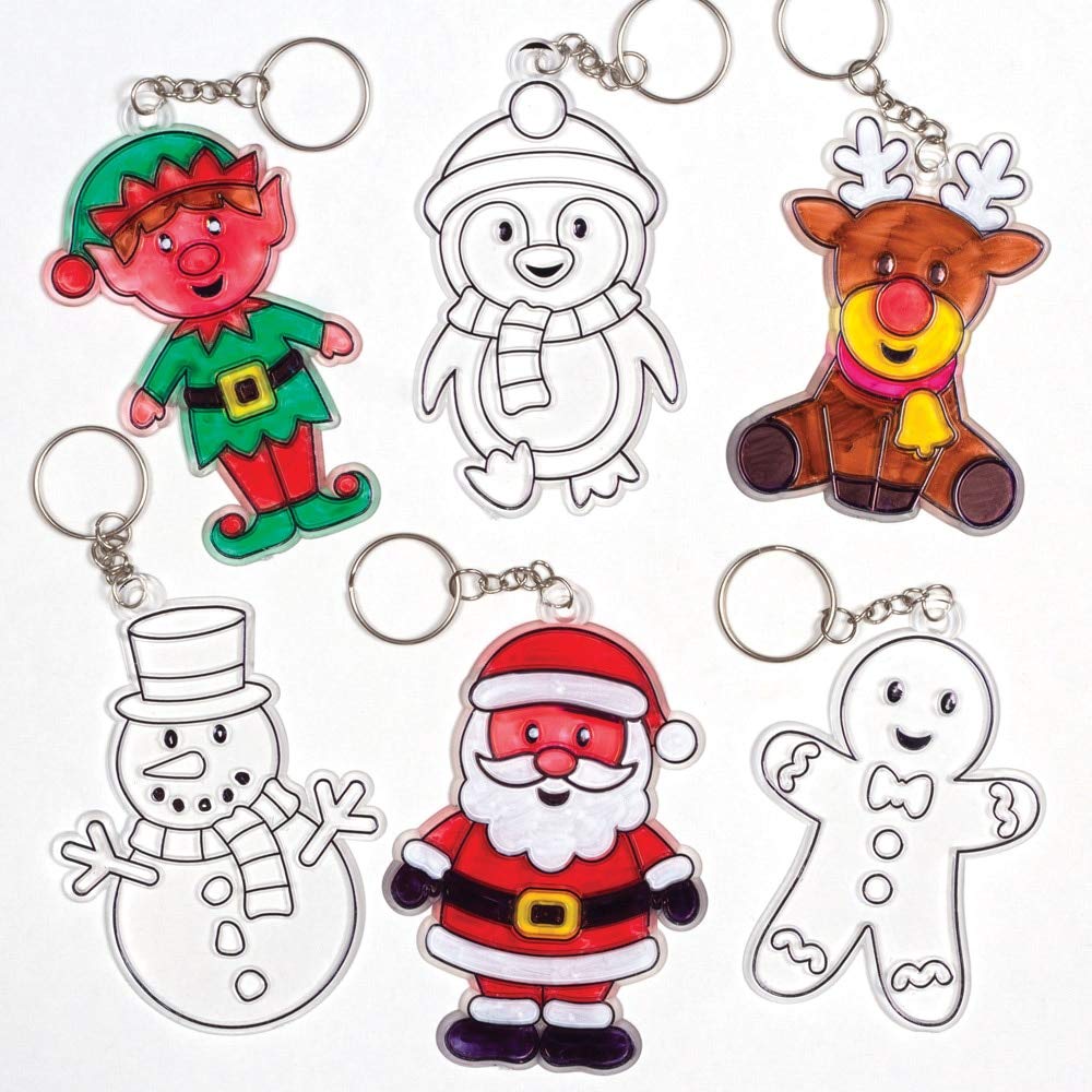 Baker Ross AT295 Christmas Suncatcher Keyring Craft Kit - Assorted Festive DIY Ornament Set (Pack of 6)