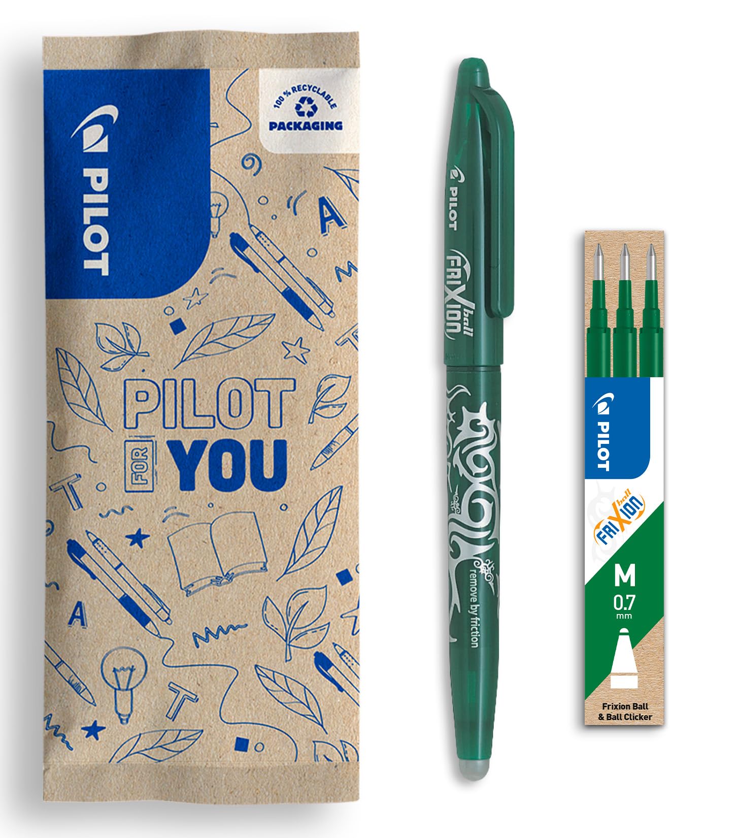 PILOT FriXion Ball Clicker Erasable Gel Rollerball Pen Set - Medium 0.7mm Tip, Green Ink