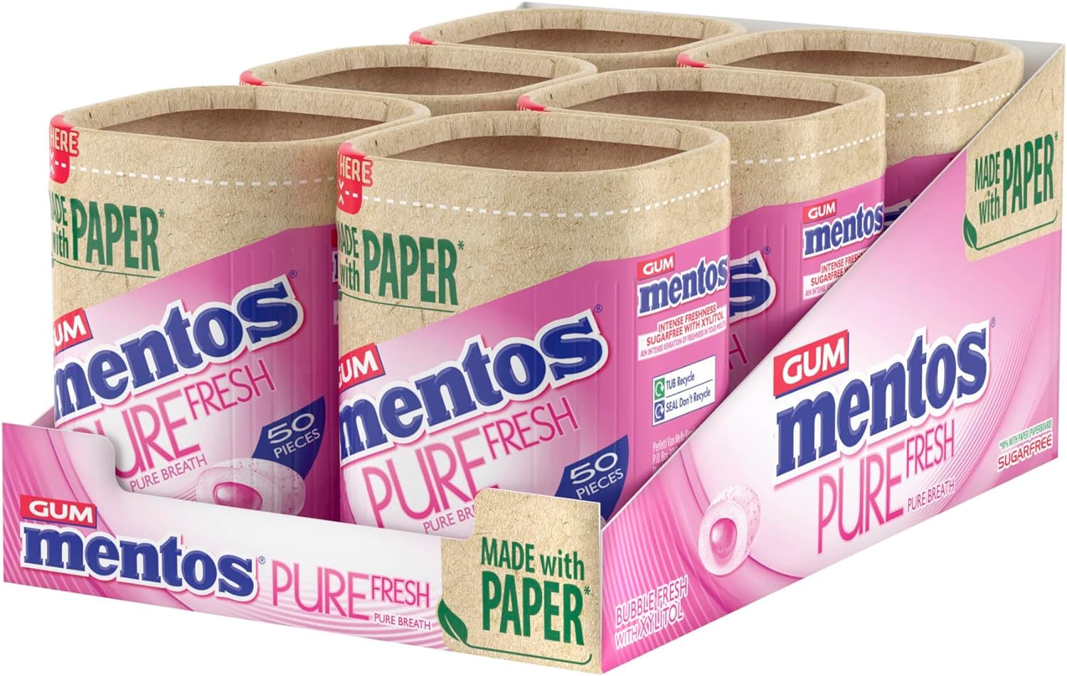 MENTOS Pure Fresh Chewing Gum - Sugar Free, Liquid Filled Center | 50 Count (Pack of 6) 1