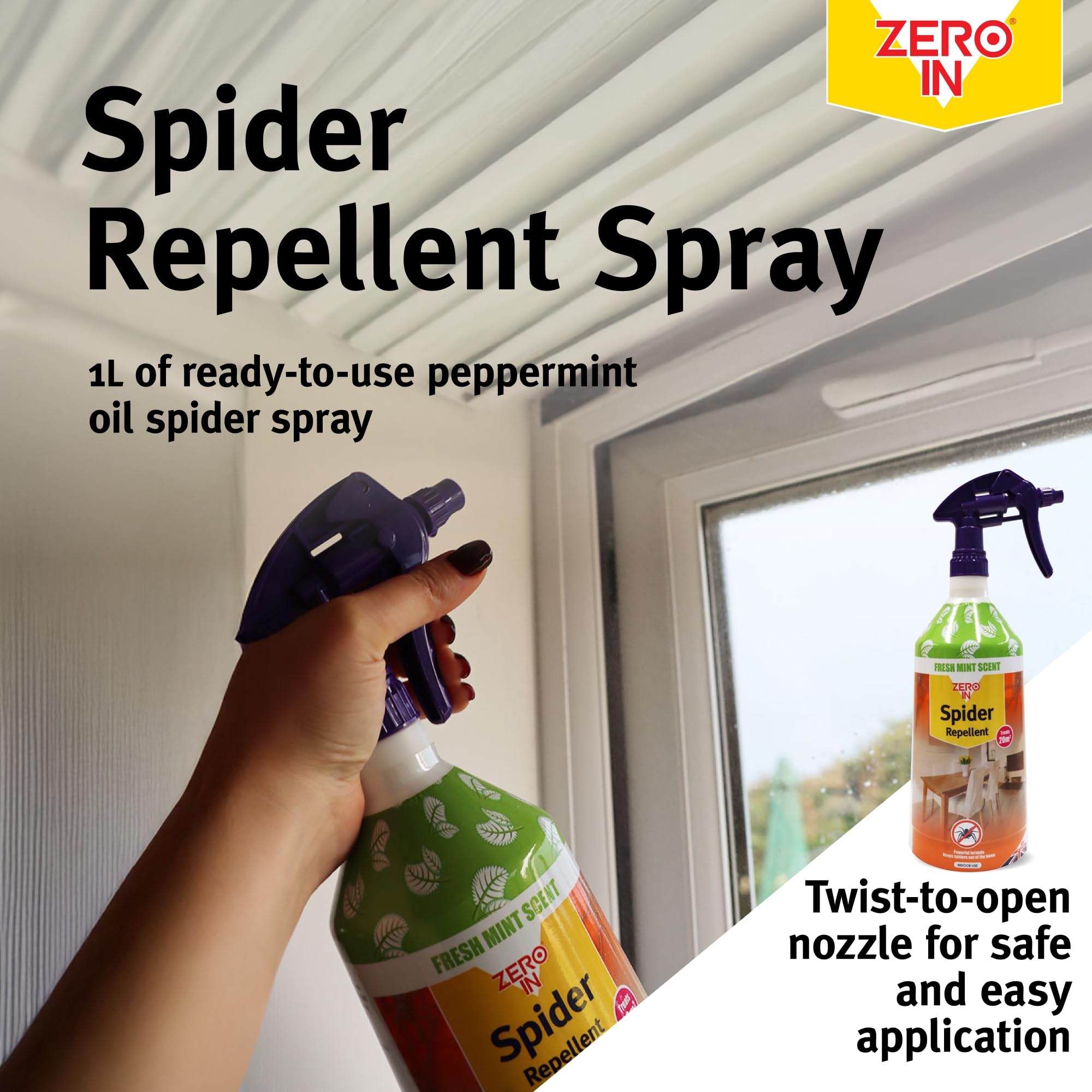 Zero In Spider Repellent - Indoor Peppermint Oil Spray | Non-Toxic | 1L Ready-to-Use