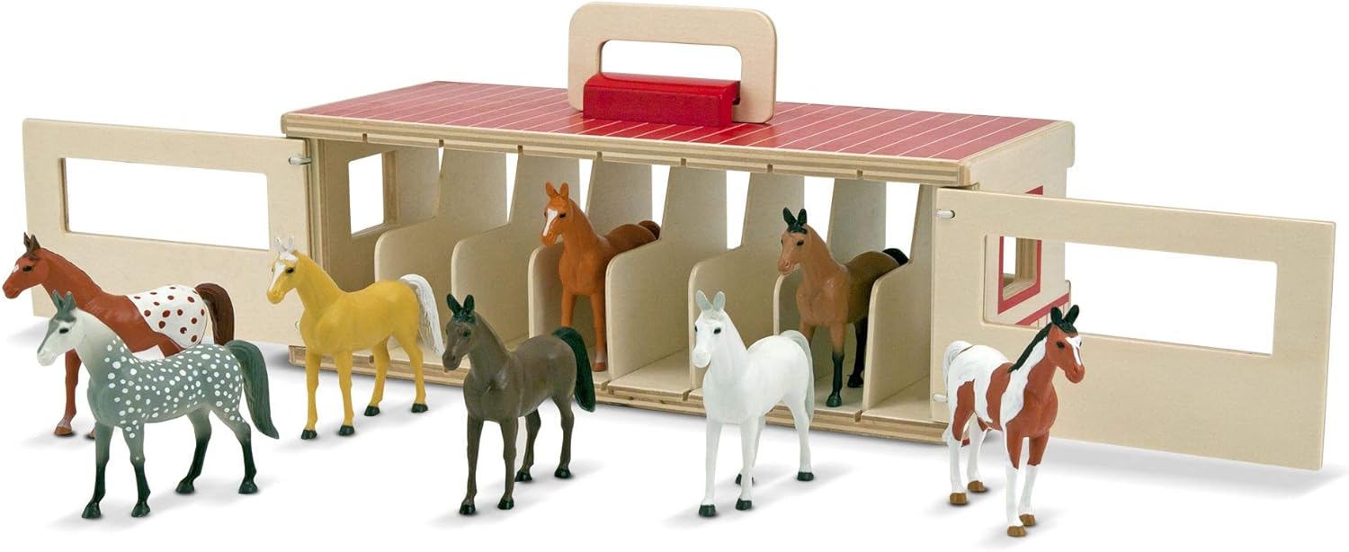 Melissa & Doug Take-Along Show-Horse Stable Playset - Wooden Pretend Play Toy with 8 Horses, Ages 3+ 3