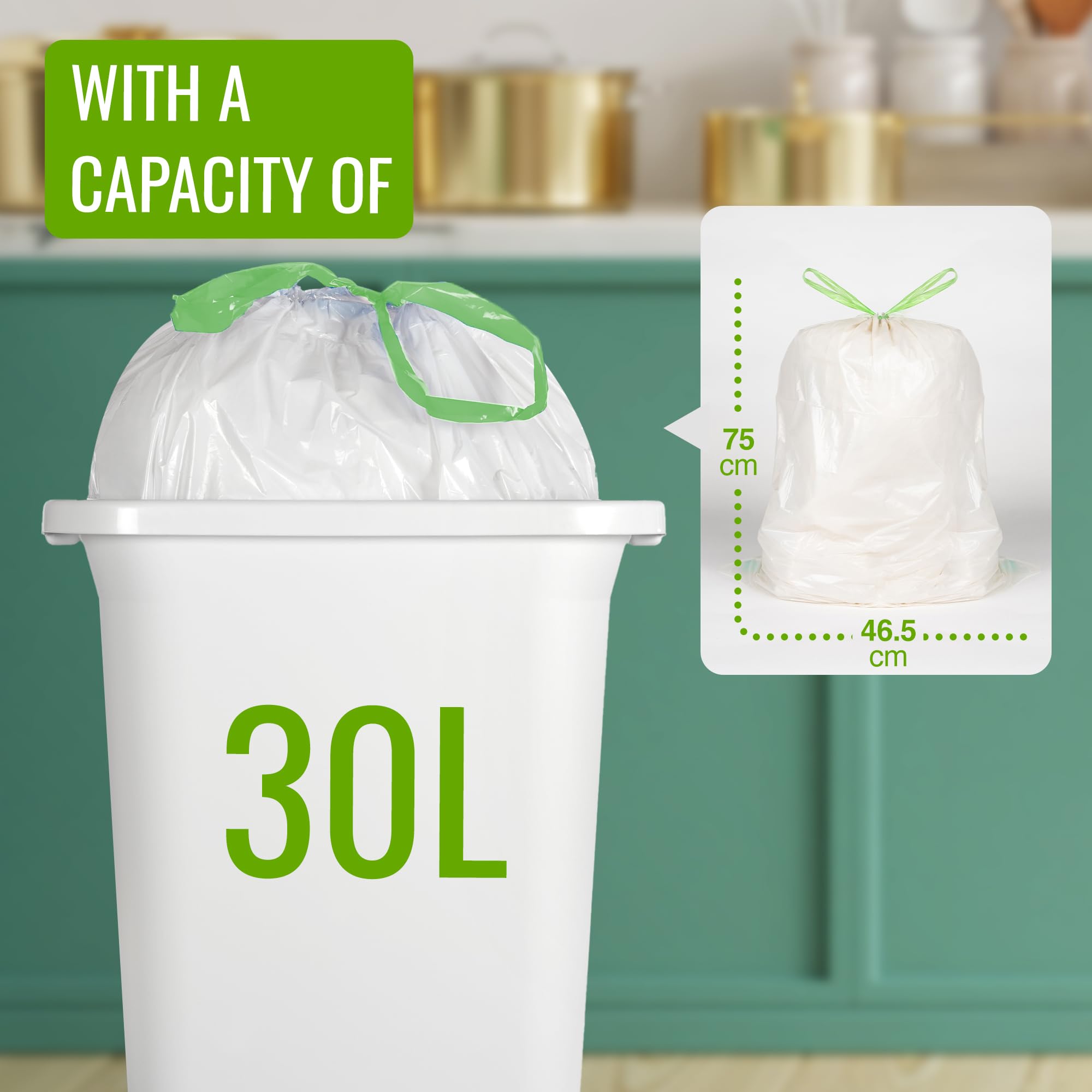 EcoBag 40 Pack White Kitchen Drawstring Bin Liner - 30L - 25 Microns - 232 Model 5
