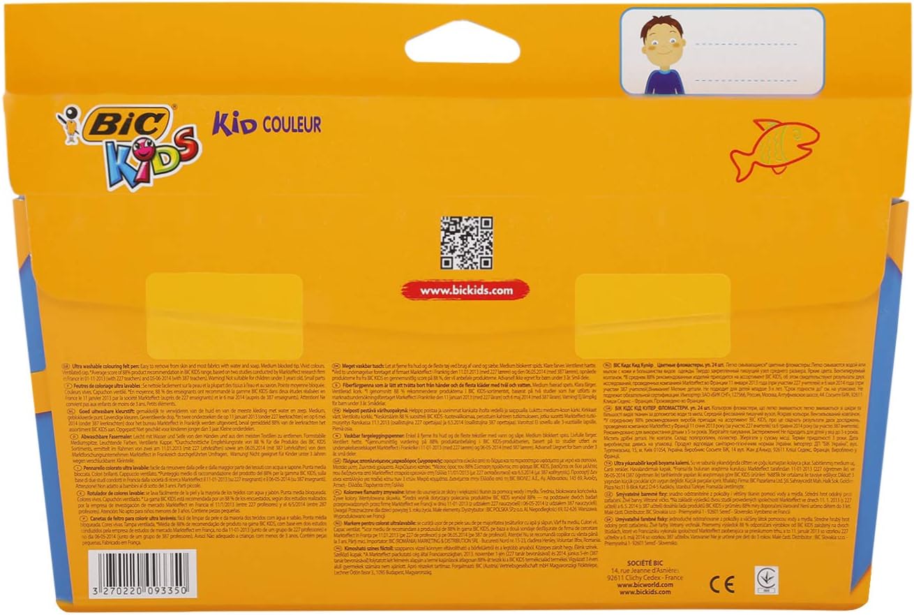 BIC Kids Kid Couleur Felt Tip Pens - 24 Assorted Colors, Washable, Medium Nib, Cardboard Wallet 7
