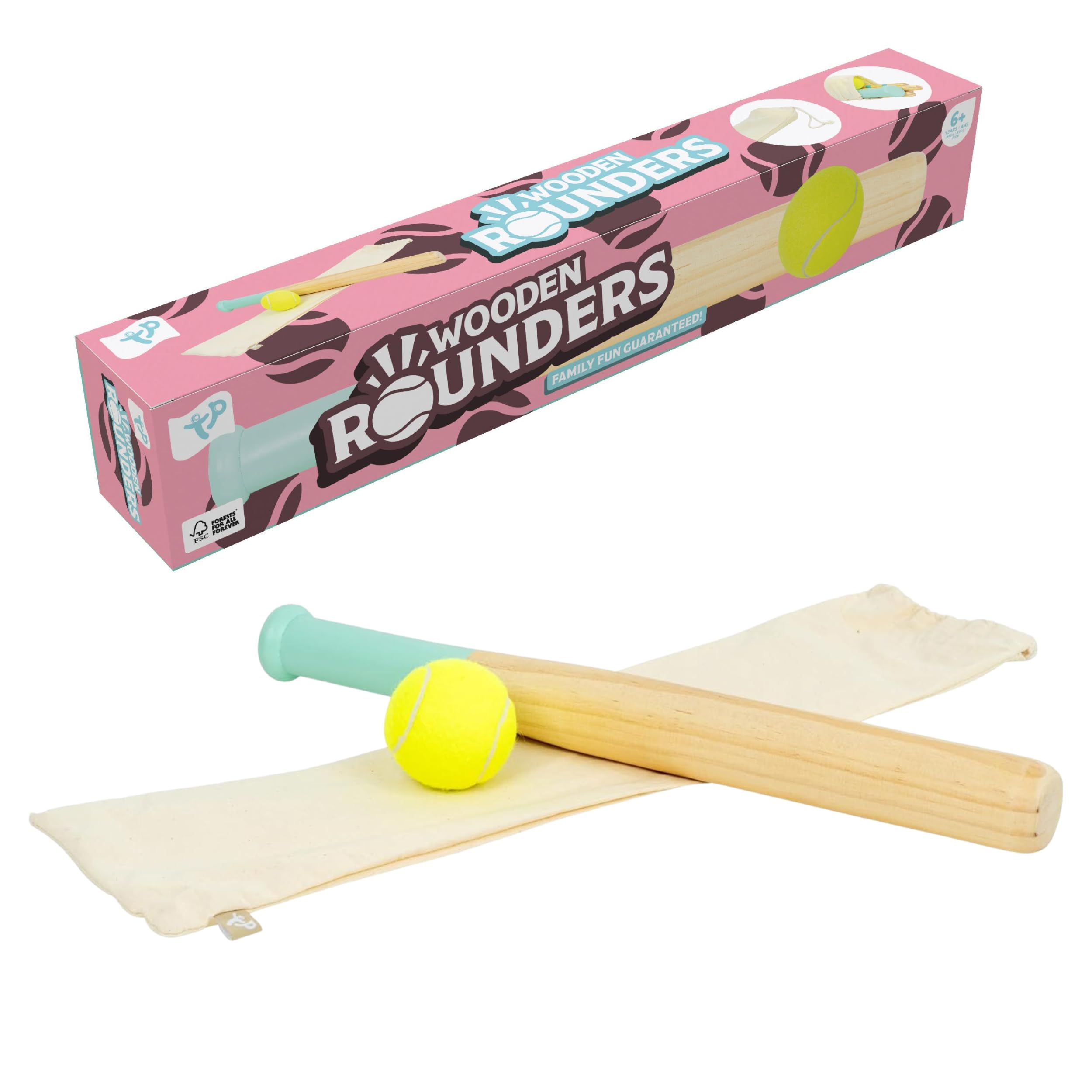TP Toys Wooden Rounders Set - FSC Certified Outdoor Garden Game for Kids 6+ | Pastel | Includes Bat, Ball, 4 Stumps & Bag 1