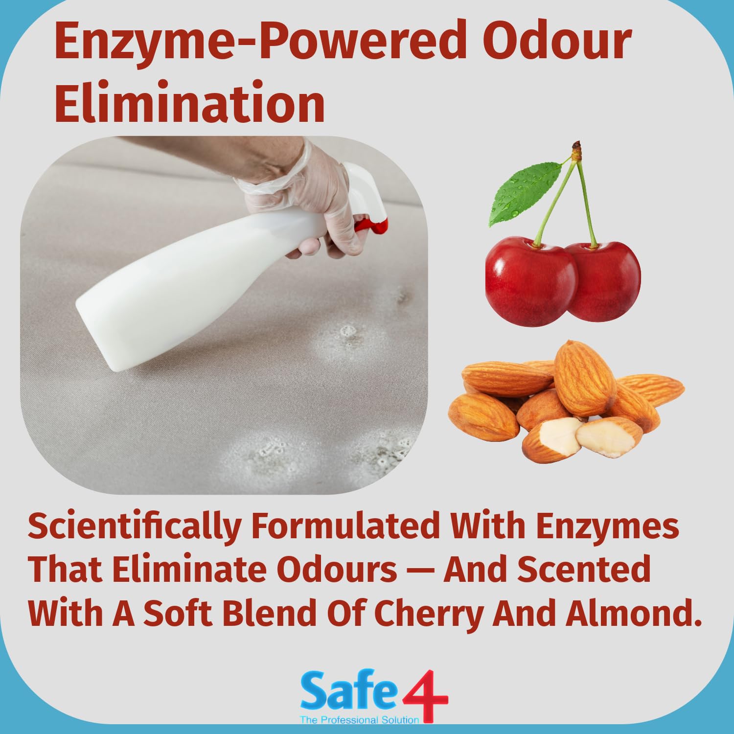 Safe4 Odour Killer Spray - Enzyme & Oil Formula | 500ml | Cherry Almond Scent