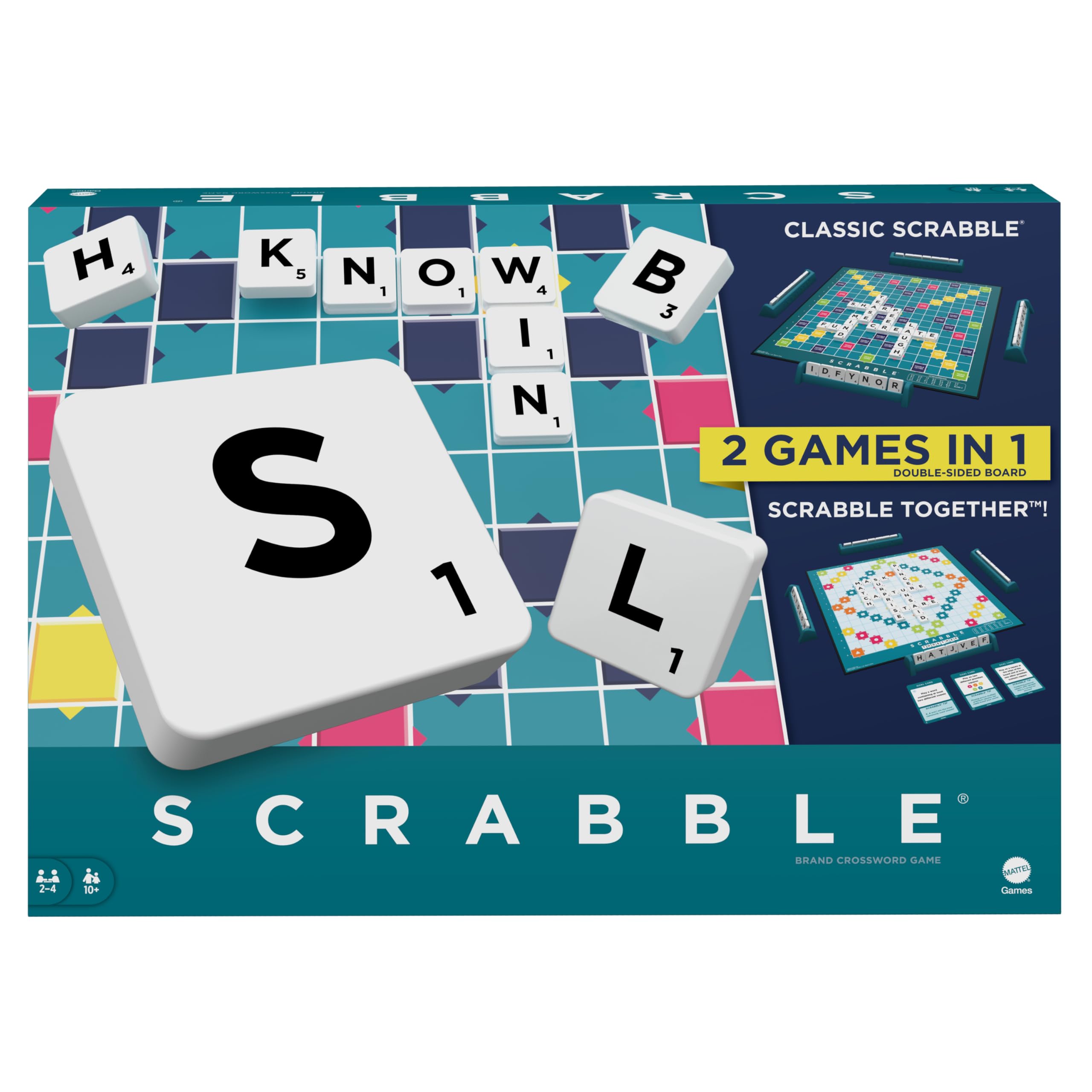 Mattel Games Scrabble Board Game with Two Ways to Play – Double-Sided Board & 50 Goal Cards – UK Version (HWD43)
