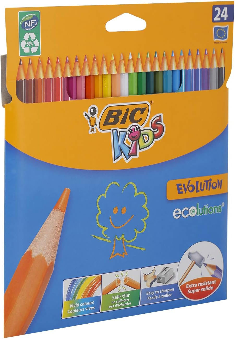 BIC Kids Evolution Ecolutions Coloured Pencils - 24-Pack, Wood-Free Art Supplies for Kids 5+ 6