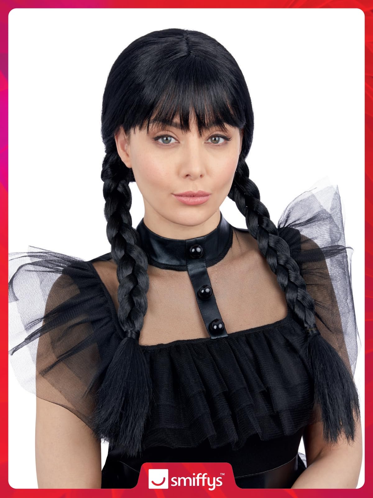 Smiffys Gothic School Girl Wig with Plaits & Fringe - Adult Fancy Dress Accessory 7