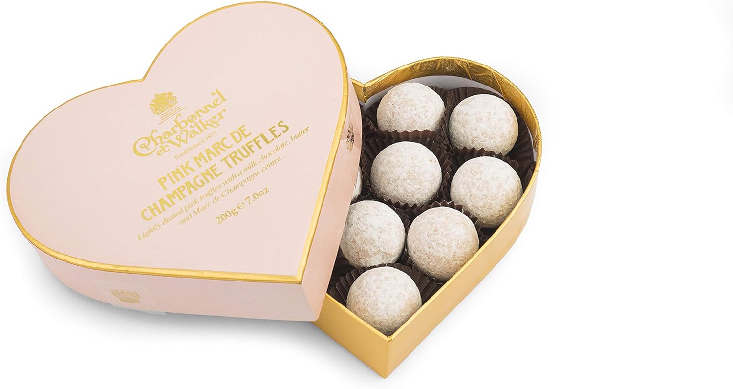 Charbonnel et Walker Pink Marc de Champagne Truffles in Heart Shaped Box 200g