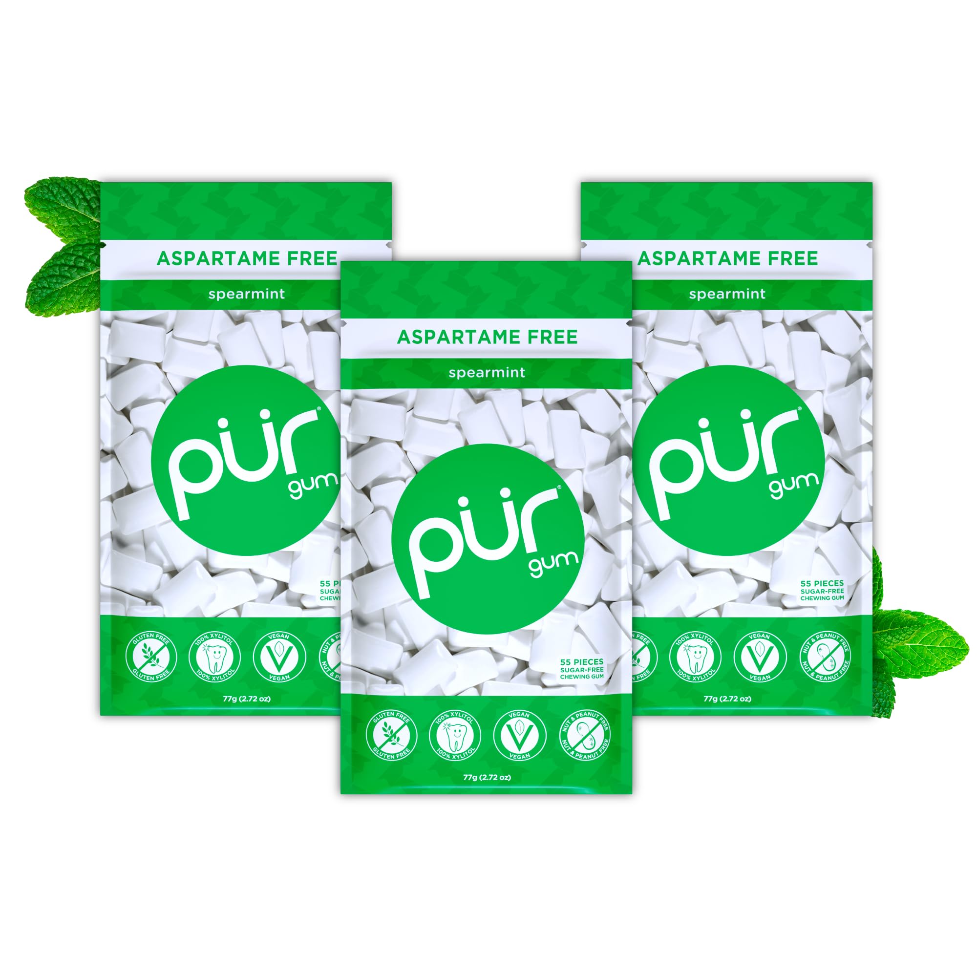 PUR - Spearmint Sugar-Free Chewing Gum (231g, Pack of 3)