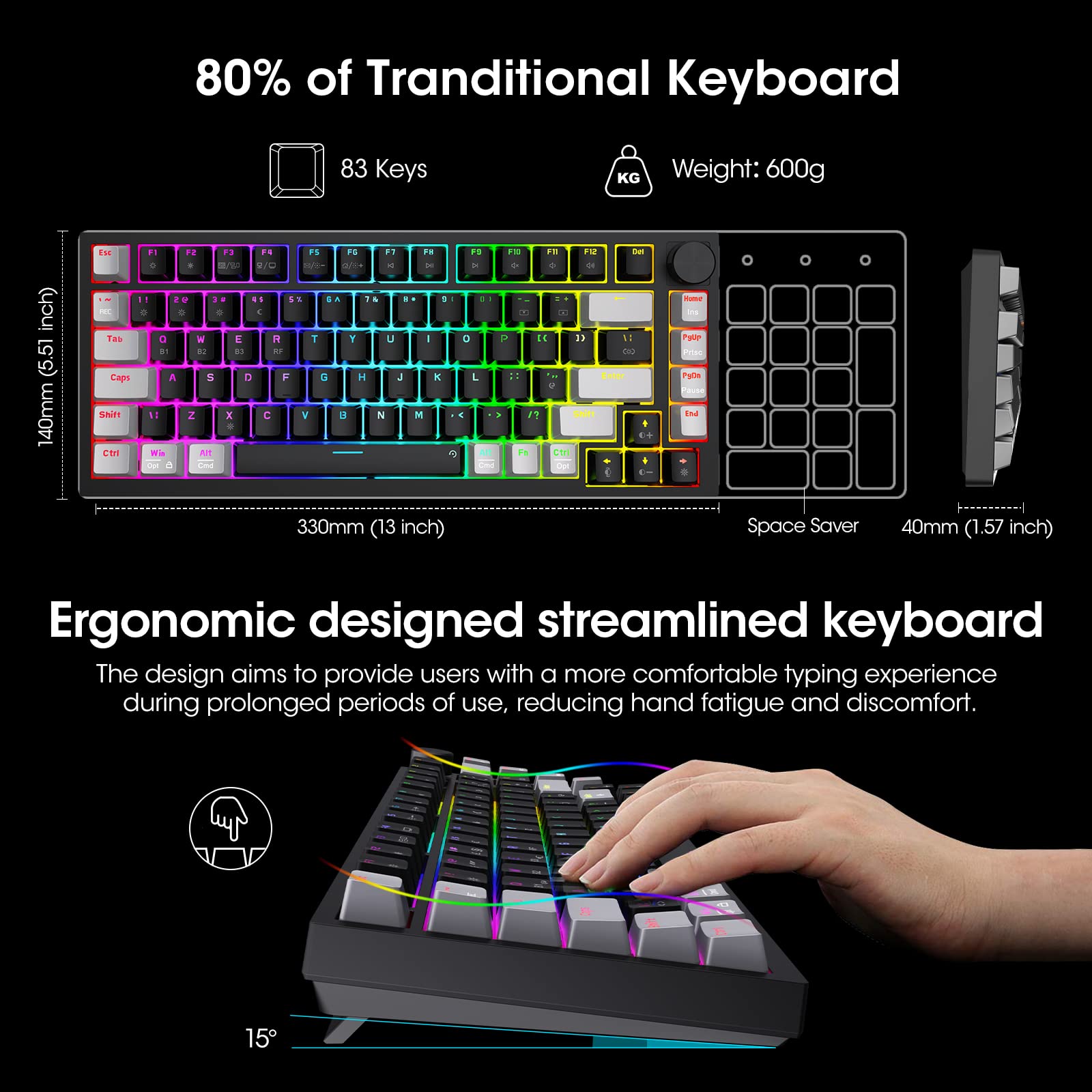 KOORUI MK082 82-Key Mechanical Gaming Keyboard - Wireless/Wired RGB Backlit with Brown Switch 5